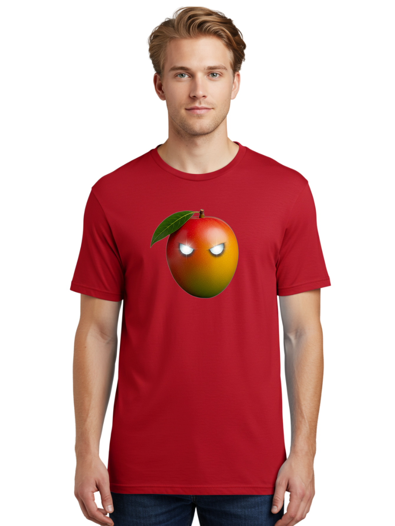 Angry-Mango Men'S Graphic Tee, 100% Cotton, Comfortable Casual Summer Wear, Machine Washable, Angry Mango Face, Mango Fruit, Cartoon Character, Aggressive Expression, Fruit Emoji, Vibrant Colors, Leafy Top, Fun Design, Playful Illustration, Bab647