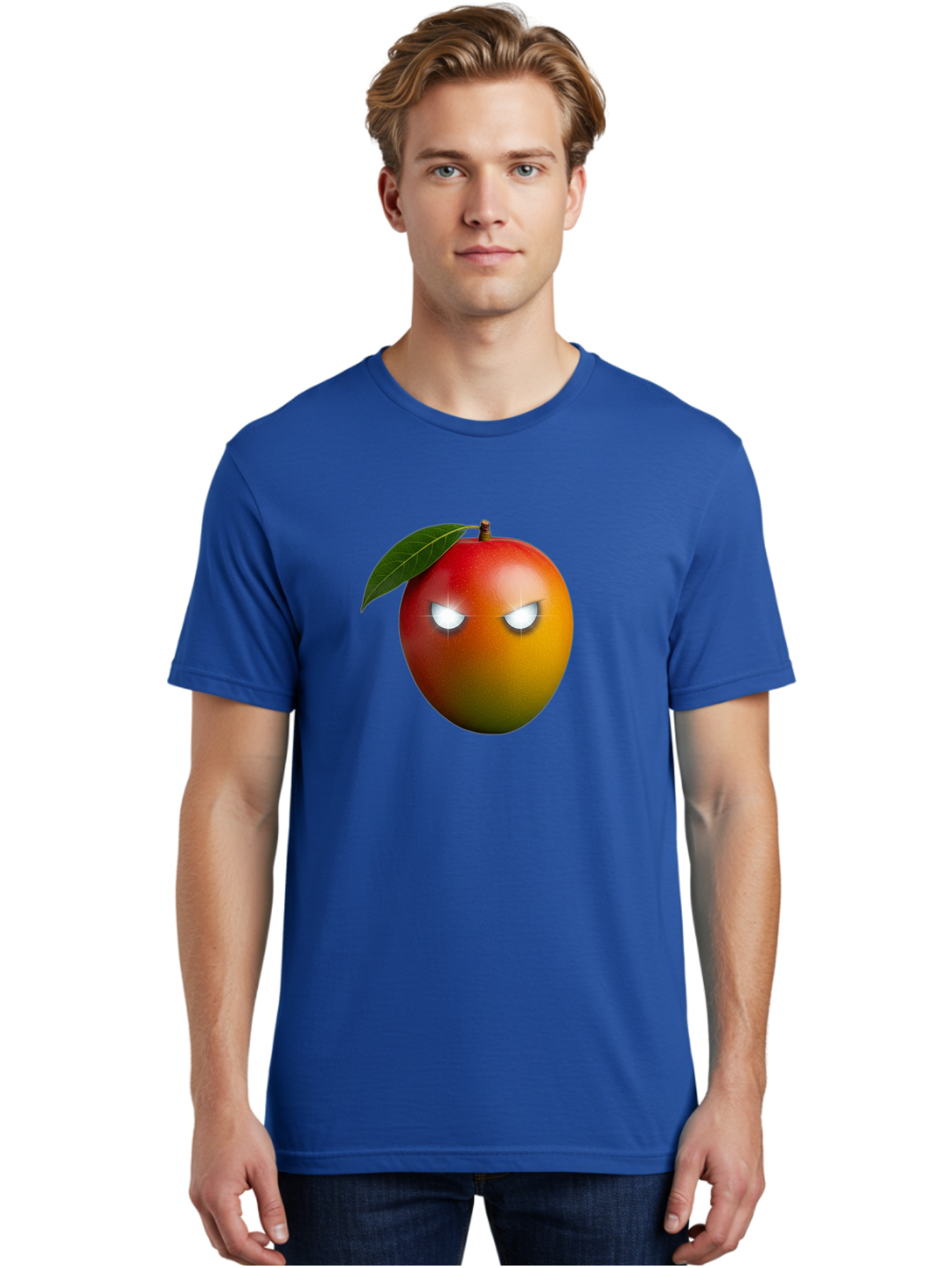 Angry-Mango Men'S Graphic Tee, 100% Cotton, Comfortable Casual Summer Wear, Machine Washable, Angry Mango Face, Mango Fruit, Cartoon Character, Aggressive Expression, Fruit Emoji, Vibrant Colors, Leafy Top, Fun Design, Playful Illustration, Bab647