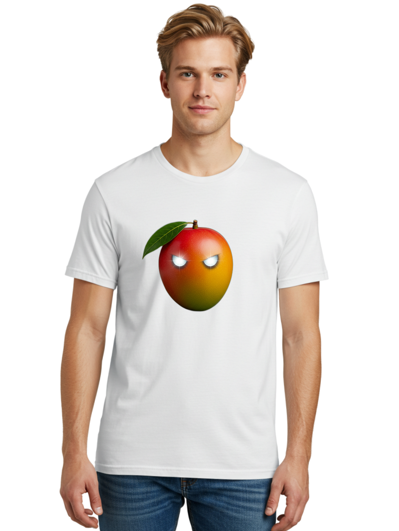 Angry-Mango Men'S Graphic Tee, 100% Cotton, Comfortable Casual Summer Wear, Machine Washable, Angry Mango Face, Mango Fruit, Cartoon Character, Aggressive Expression, Fruit Emoji, Vibrant Colors, Leafy Top, Fun Design, Playful Illustration, Bab647