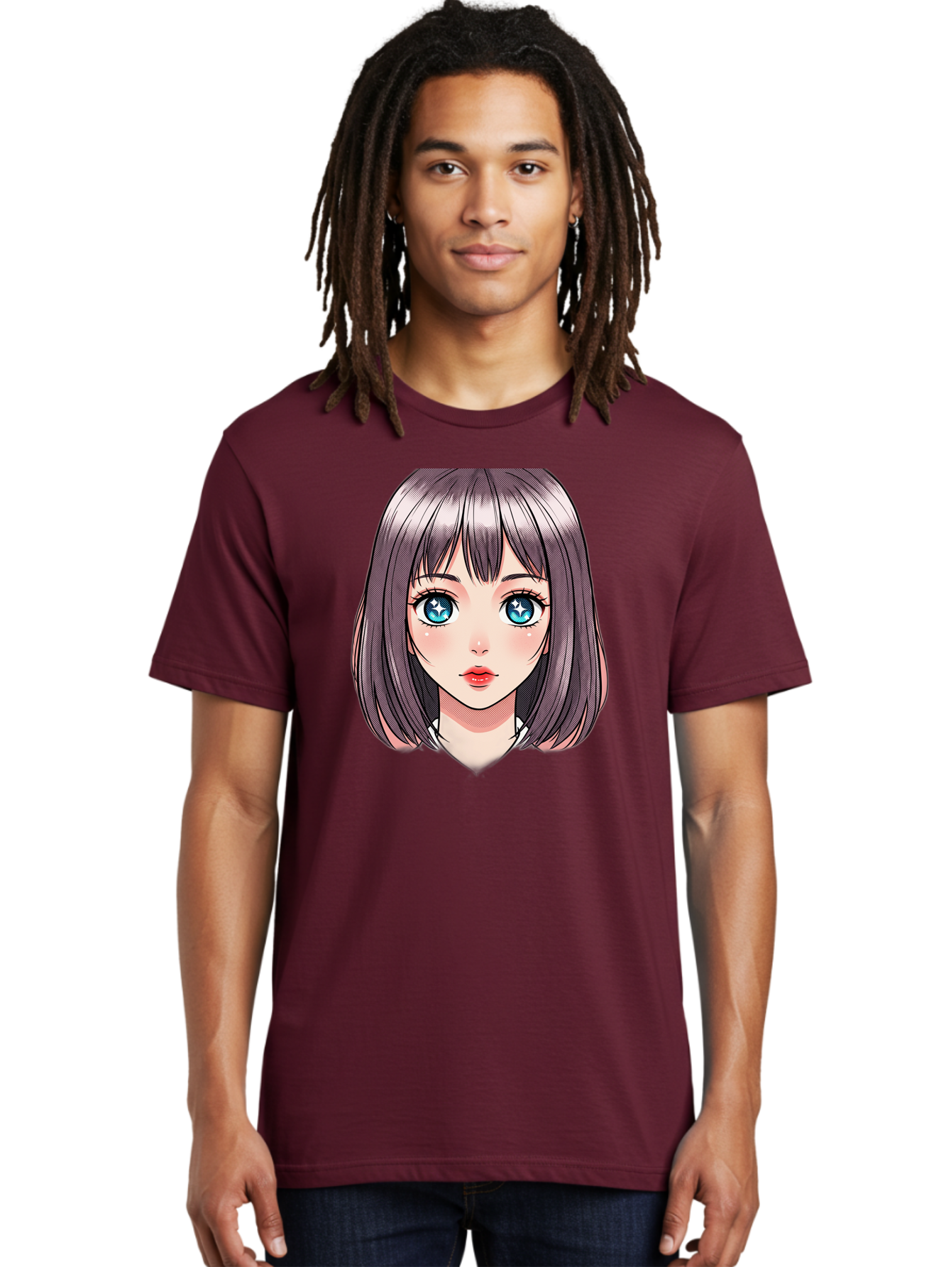 Anime-Girl Men'S Graphic Tee, 100% Cotton, Comfortable Casual Summer Wear, Machine Washable, Anime Girl, Manga Style, Blue Eyes, Short Hair, Bangs, Cartoon Character, Vibrant Colors, Kawaii Art, Digital Illustration, Young Female Character, Bab648