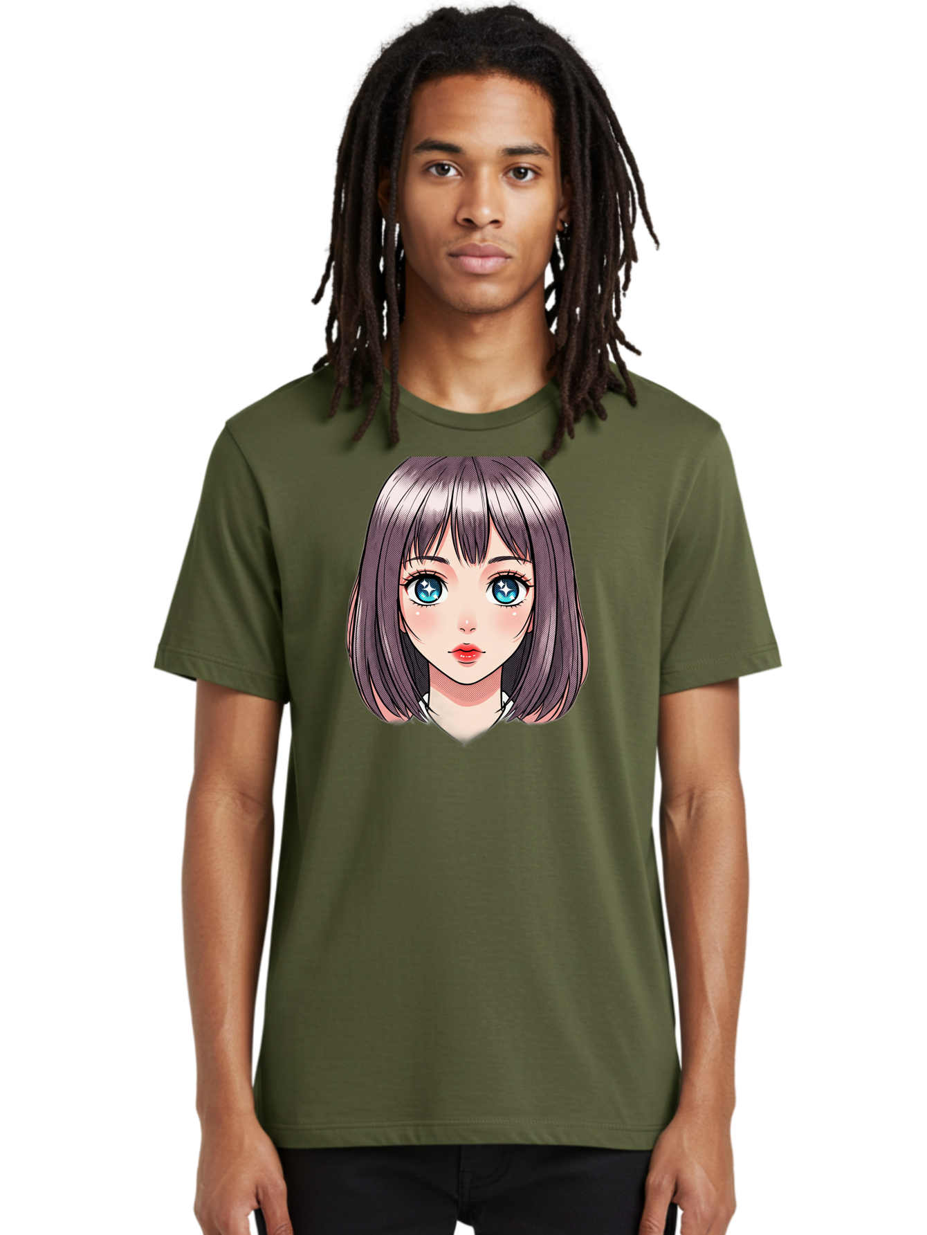 Anime-Girl Men'S Graphic Tee, 100% Cotton, Comfortable Casual Summer Wear, Machine Washable, Anime Girl, Manga Style, Blue Eyes, Short Hair, Bangs, Cartoon Character, Vibrant Colors, Kawaii Art, Digital Illustration, Young Female Character, Bab648