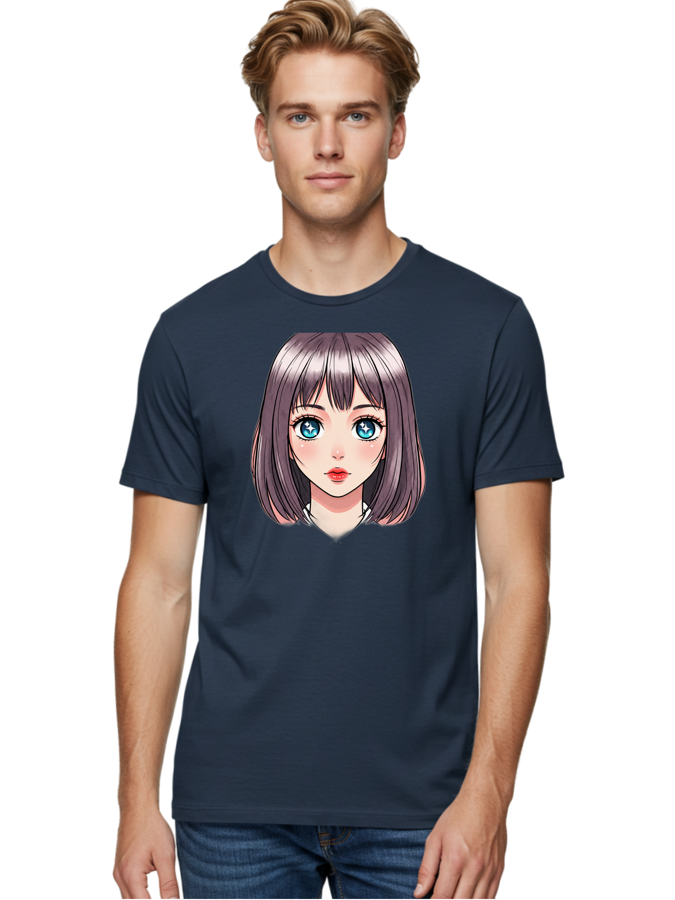 Anime-Girl Men'S Graphic Tee, 100% Cotton, Comfortable Casual Summer Wear, Machine Washable, Anime Girl, Manga Style, Blue Eyes, Short Hair, Bangs, Cartoon Character, Vibrant Colors, Kawaii Art, Digital Illustration, Young Female Character, Bab648