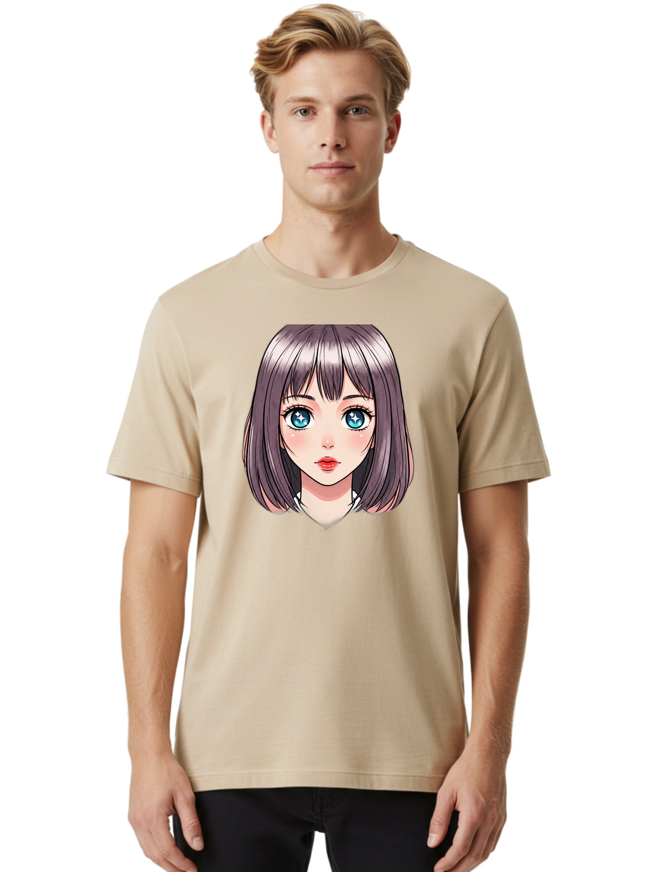Anime-Girl Men'S Graphic Tee, 100% Cotton, Comfortable Casual Summer Wear, Machine Washable, Anime Girl, Manga Style, Blue Eyes, Short Hair, Bangs, Cartoon Character, Vibrant Colors, Kawaii Art, Digital Illustration, Young Female Character, Bab648