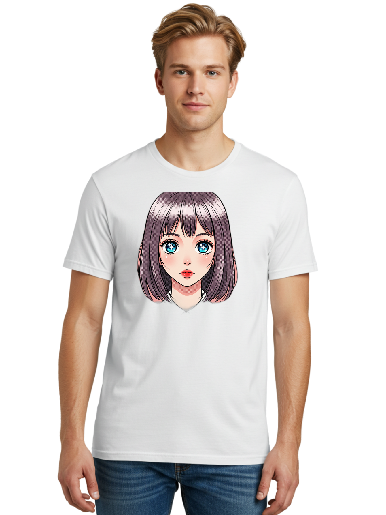 Anime-Girl Men'S Graphic Tee, 100% Cotton, Comfortable Casual Summer Wear, Machine Washable, Anime Girl, Manga Style, Blue Eyes, Short Hair, Bangs, Cartoon Character, Vibrant Colors, Kawaii Art, Digital Illustration, Young Female Character, Bab648