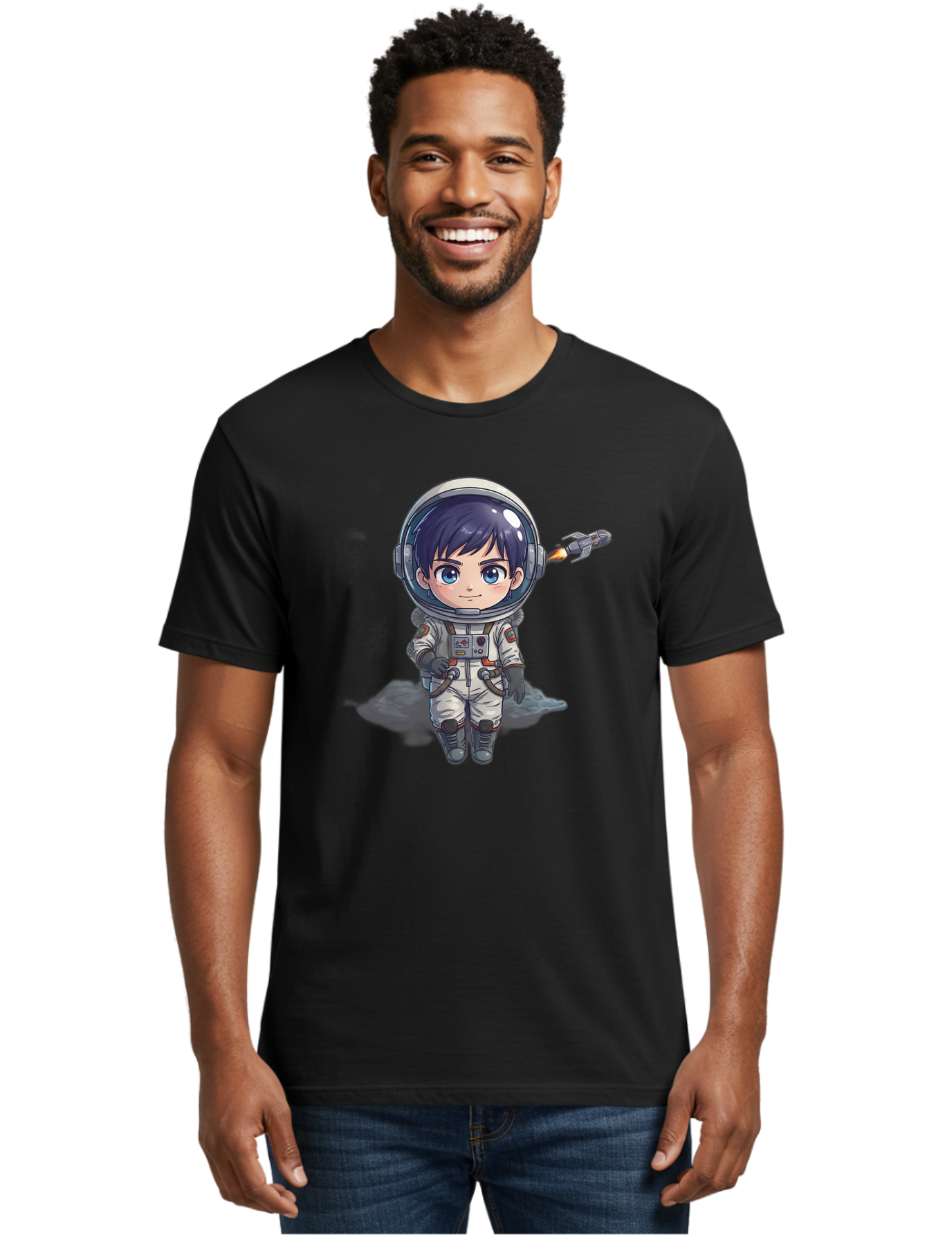 Astronaut-Boy Men'S Graphic Tee, 100% Cotton, Comfortable Casual Summer Wear, Machine Washable, Cartoon Astronaut, Chibi Character, Space Suit, Helmet, Blue Eyes, Dark Hair, Rocket Pack, Adventure, Cartoon Style, Kawaii Art, Futuristic, Bab649