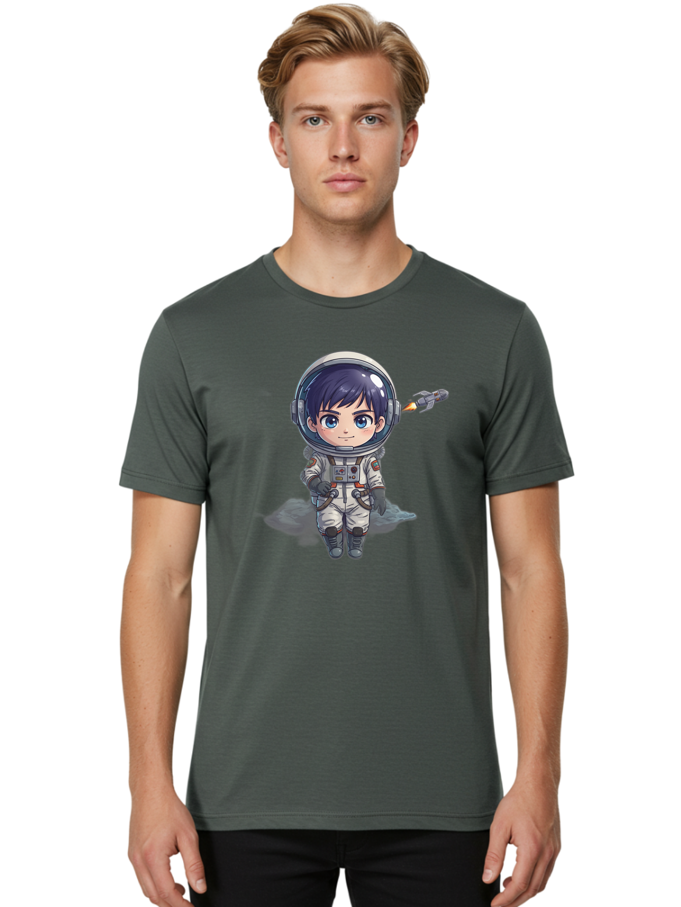 Astronaut-Boy Men'S Graphic Tee, 100% Cotton, Comfortable Casual Summer Wear, Machine Washable, Cartoon Astronaut, Chibi Character, Space Suit, Helmet, Blue Eyes, Dark Hair, Rocket Pack, Adventure, Cartoon Style, Kawaii Art, Futuristic, Bab649