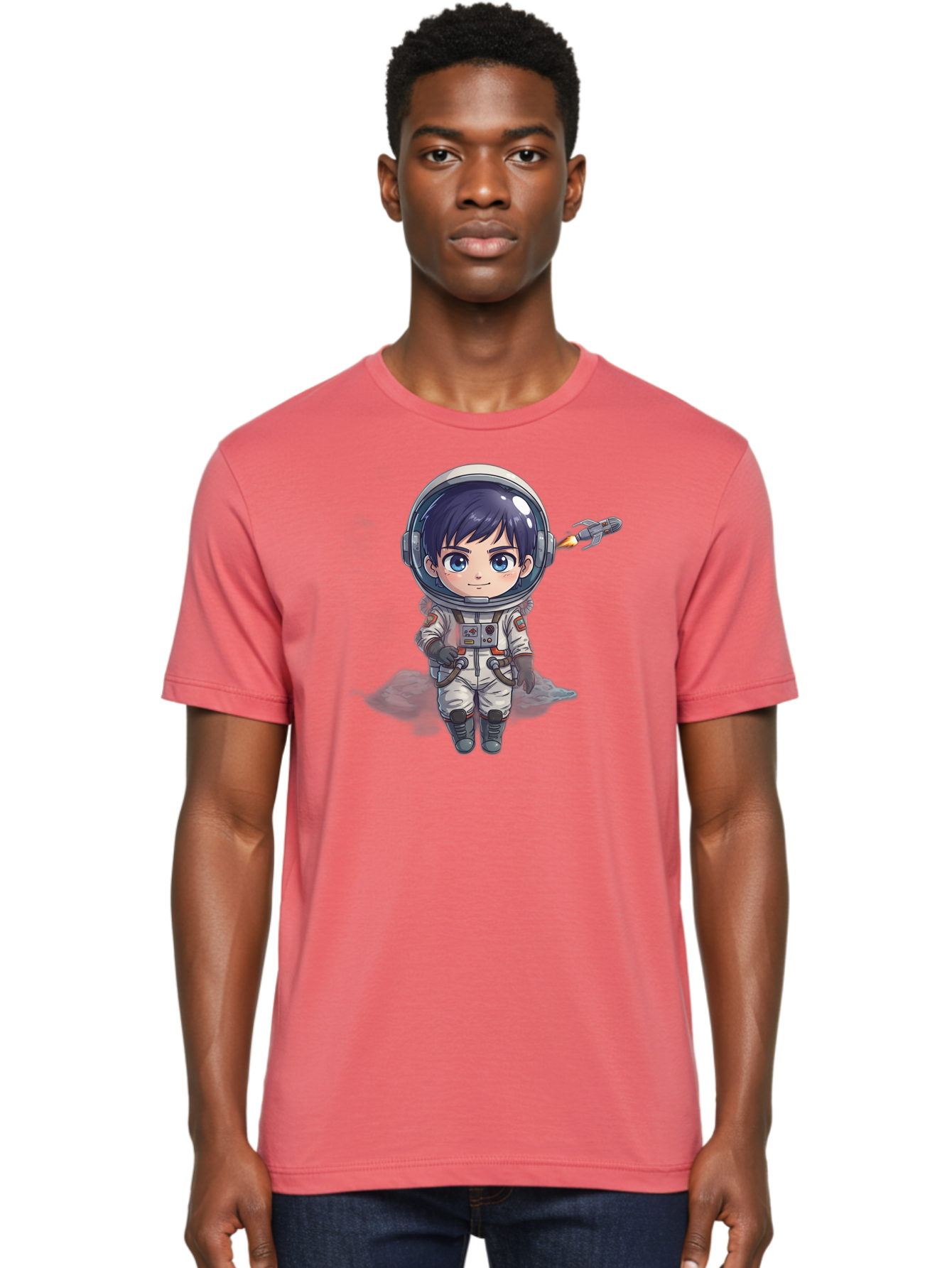 Astronaut-Boy Men'S Graphic Tee, 100% Cotton, Comfortable Casual Summer Wear, Machine Washable, Cartoon Astronaut, Chibi Character, Space Suit, Helmet, Blue Eyes, Dark Hair, Rocket Pack, Adventure, Cartoon Style, Kawaii Art, Futuristic, Bab649