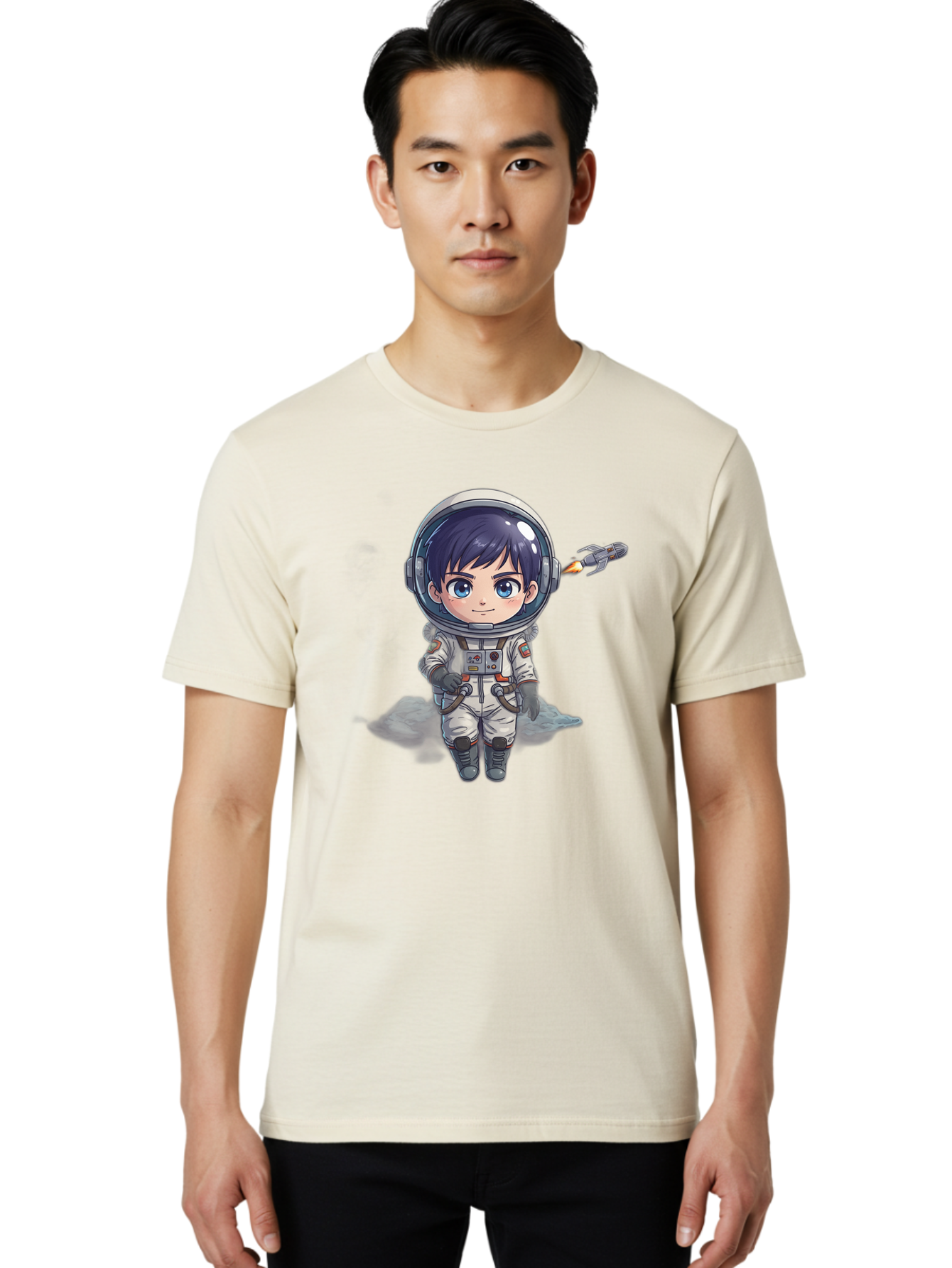 Astronaut-Boy Men'S Graphic Tee, 100% Cotton, Comfortable Casual Summer Wear, Machine Washable, Cartoon Astronaut, Chibi Character, Space Suit, Helmet, Blue Eyes, Dark Hair, Rocket Pack, Adventure, Cartoon Style, Kawaii Art, Futuristic, Bab649
