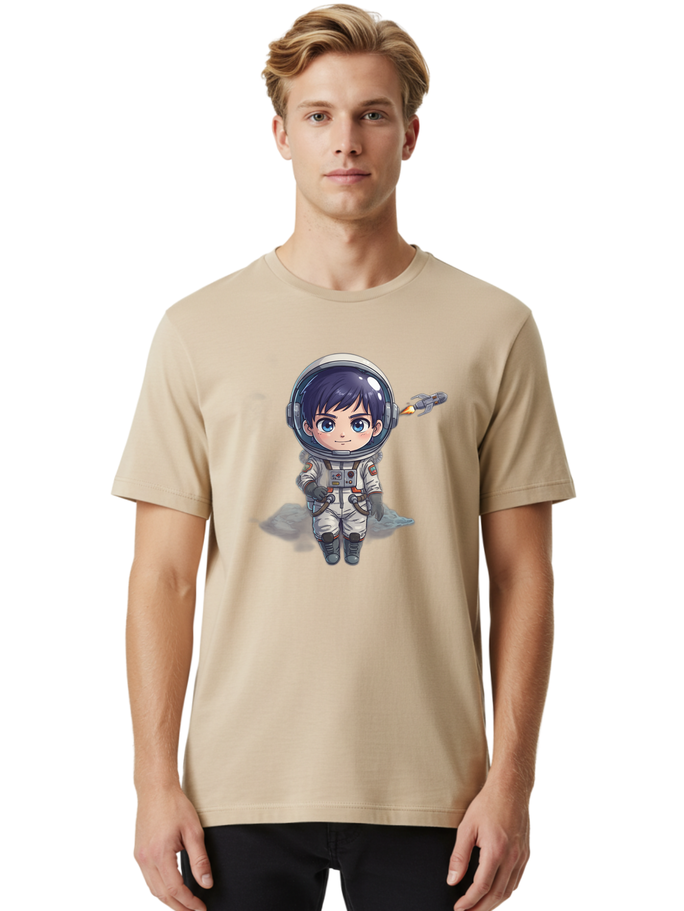 Astronaut-Boy Men'S Graphic Tee, 100% Cotton, Comfortable Casual Summer Wear, Machine Washable, Cartoon Astronaut, Chibi Character, Space Suit, Helmet, Blue Eyes, Dark Hair, Rocket Pack, Adventure, Cartoon Style, Kawaii Art, Futuristic, Bab649