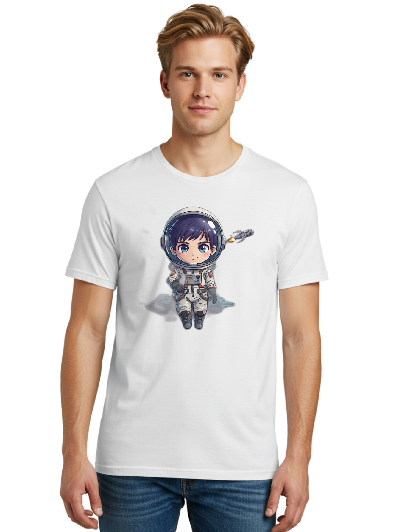 Astronaut-Boy Men'S Graphic Tee, 100% Cotton, Comfortable Casual Summer Wear, Machine Washable, Cartoon Astronaut, Chibi Character, Space Suit, Helmet, Blue Eyes, Dark Hair, Rocket Pack, Adventure, Cartoon Style, Kawaii Art, Futuristic, Bab649