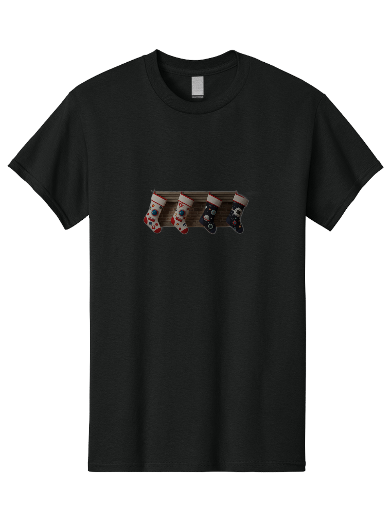Astronaut-Christmas-Stockings Men'S Graphic Tee, 100% Cotton, Comfortable Casual Summer Wear, Machine Washable, Christmas Stockings, Holiday Decor, Festive Socks, Holiday Cheer, Wall Decoration, Brick Wall, Christmas Celebration, Bab650