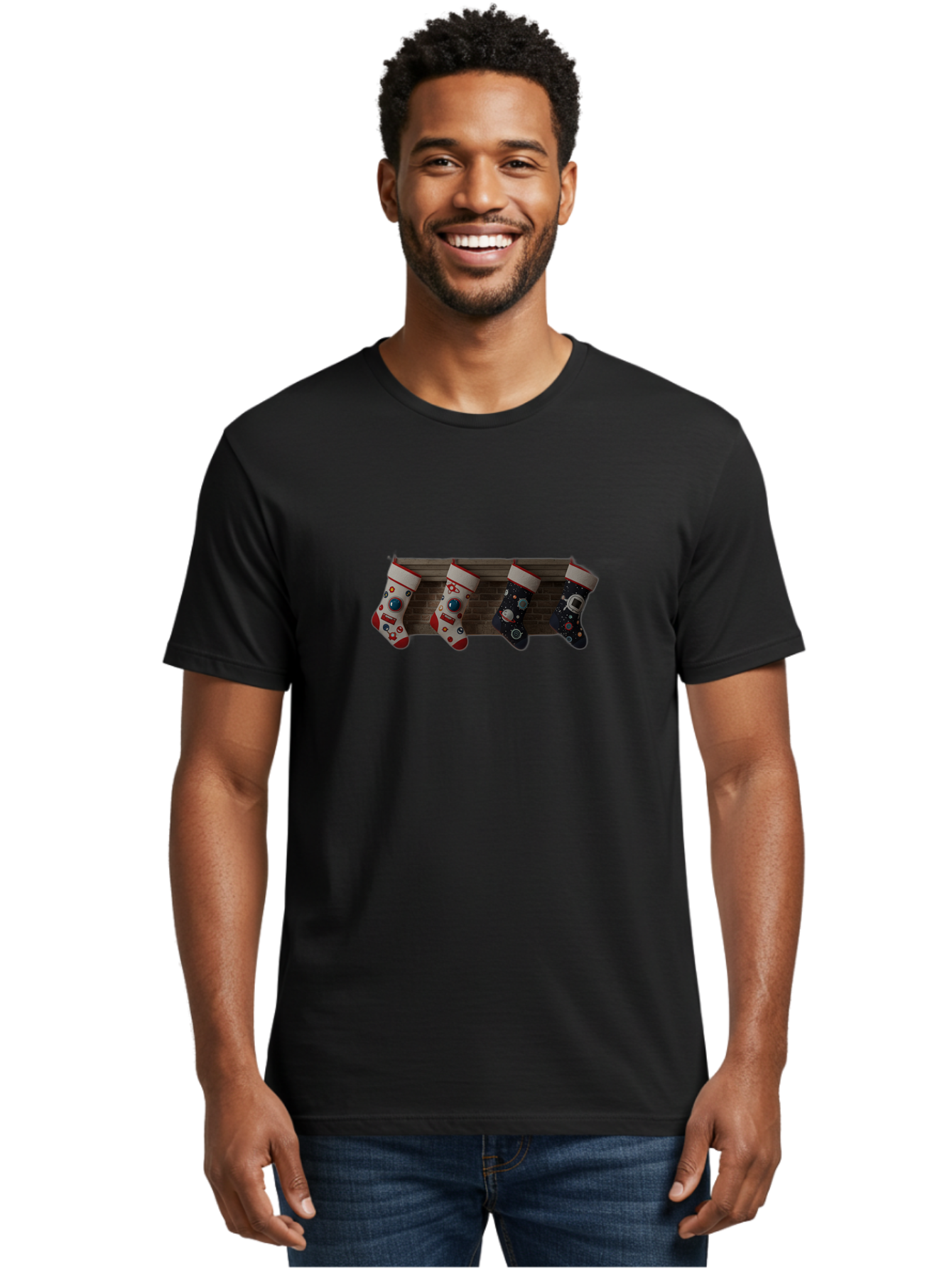 Astronaut-Christmas-Stockings Men'S Graphic Tee, 100% Cotton, Comfortable Casual Summer Wear, Machine Washable, Christmas Stockings, Holiday Decor, Festive Socks, Holiday Cheer, Wall Decoration, Brick Wall, Christmas Celebration, Bab650