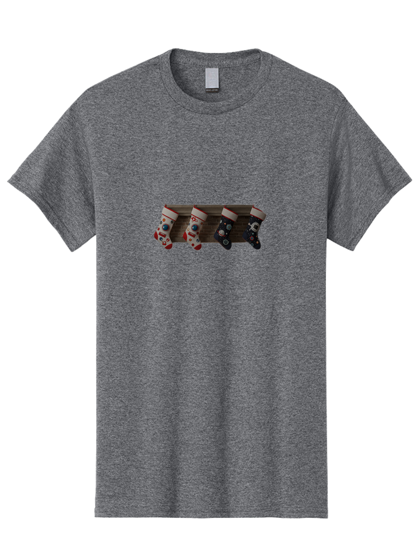 Astronaut-Christmas-Stockings Men'S Graphic Tee, 100% Cotton, Comfortable Casual Summer Wear, Machine Washable, Christmas Stockings, Holiday Decor, Festive Socks, Holiday Cheer, Wall Decoration, Brick Wall, Christmas Celebration, Bab650