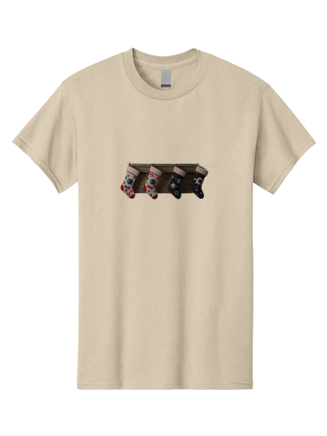 Astronaut-Christmas-Stockings Men'S Graphic Tee, 100% Cotton, Comfortable Casual Summer Wear, Machine Washable, Christmas Stockings, Holiday Decor, Festive Socks, Holiday Cheer, Wall Decoration, Brick Wall, Christmas Celebration, Bab650