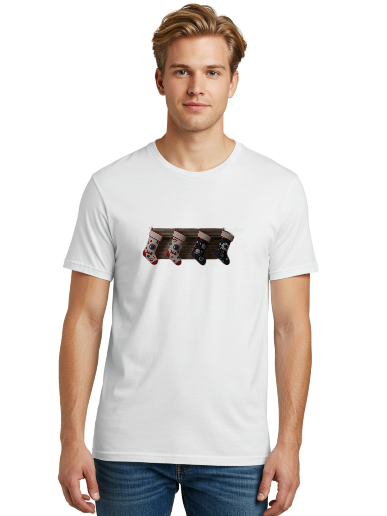 Astronaut-Christmas-Stockings Men'S Graphic Tee, 100% Cotton, Comfortable Casual Summer Wear, Machine Washable, Christmas Stockings, Holiday Decor, Festive Socks, Holiday Cheer, Wall Decoration, Brick Wall, Christmas Celebration, Bab650