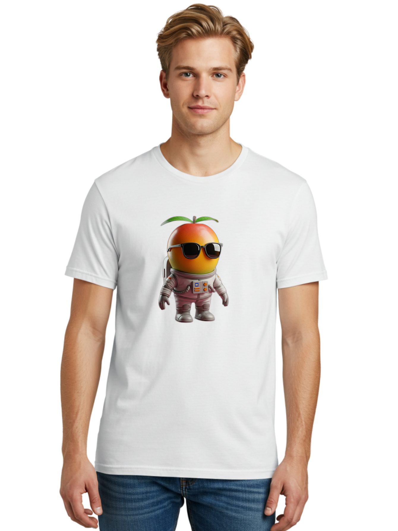 Astronaut-Peach Men'S Graphic Tee, 100% Cotton, Comfortable Casual Summer Wear, Machine Washable, Mango Astronaut, Space Suit, Trendy Shades, Cartoon Character, Orange Fruit, Astronaut Costume, Futuristic Design, Cool Glasses, Space Adventure, Bab653