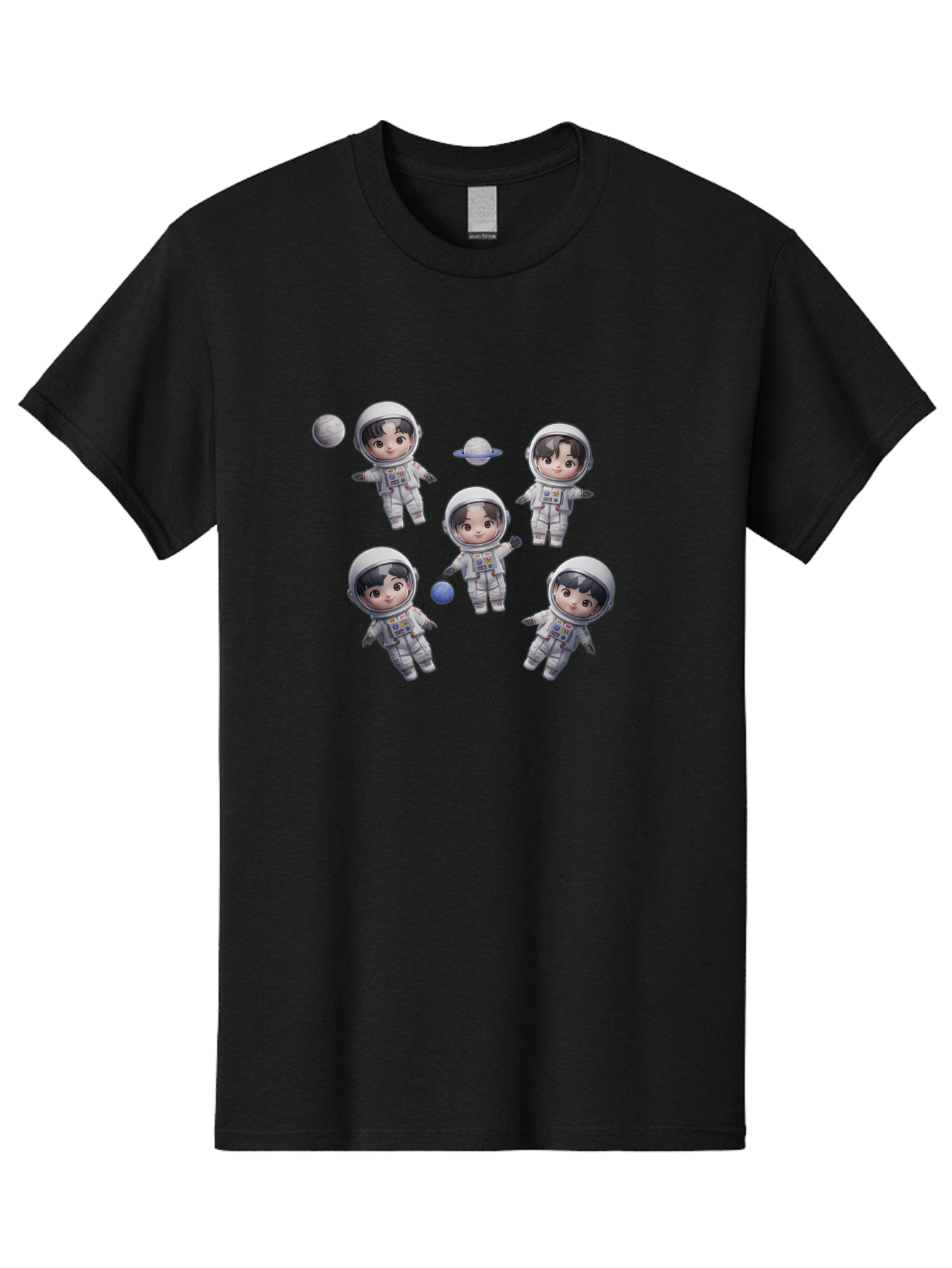 Astronauts-And-Planets Men'S Graphic Tee, 100% Cotton, Comfortable Casual Summer Wear, Machine Washable, Cartoon Astronauts, Children In Space Suits, Space Exploration, Planetary Bodies, Kawaii Art, Celestial Adventure, Animated Characters, Bab654