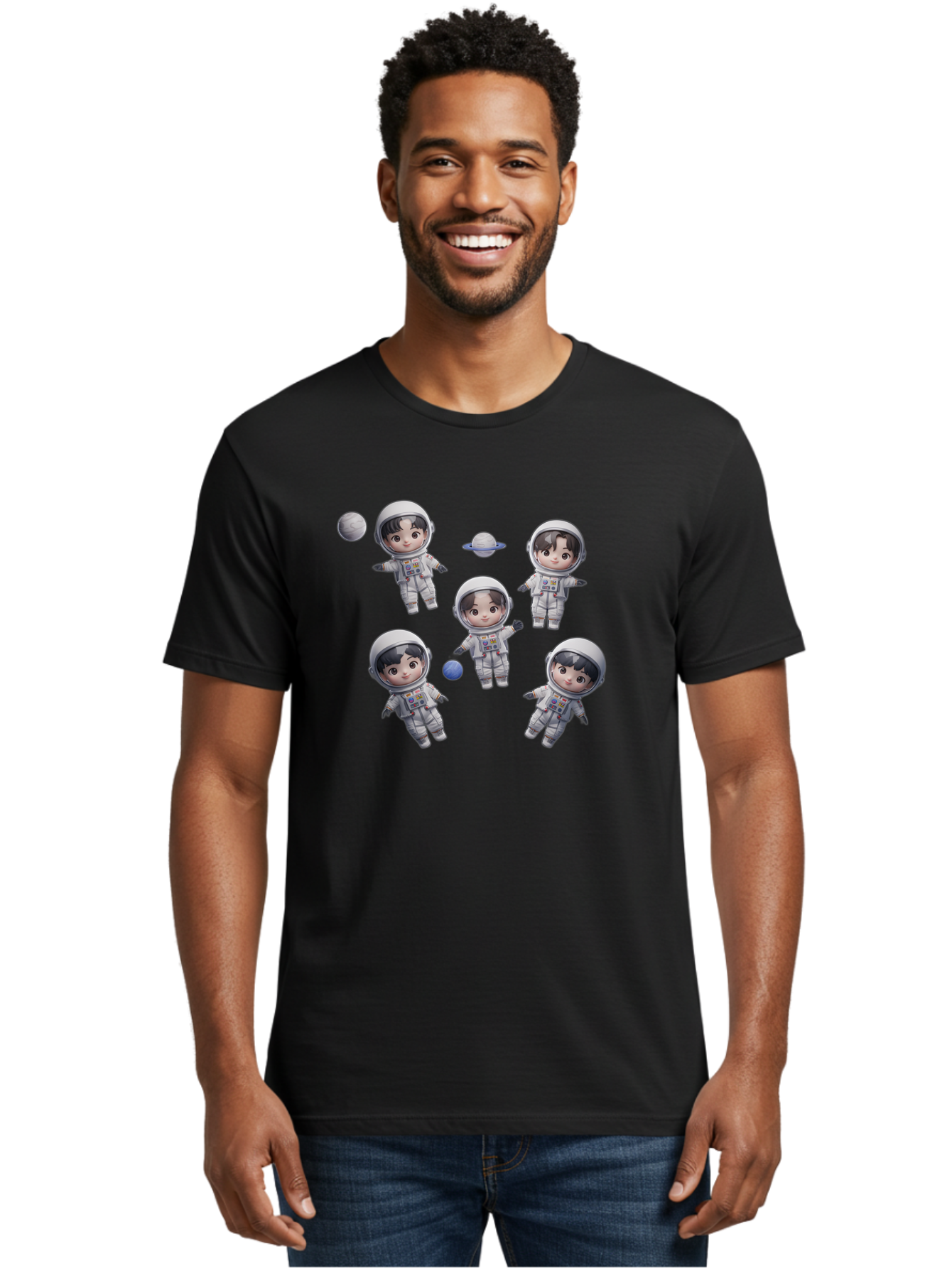 Astronauts-And-Planets Men'S Graphic Tee, 100% Cotton, Comfortable Casual Summer Wear, Machine Washable, Cartoon Astronauts, Children In Space Suits, Space Exploration, Planetary Bodies, Kawaii Art, Celestial Adventure, Animated Characters, Bab654