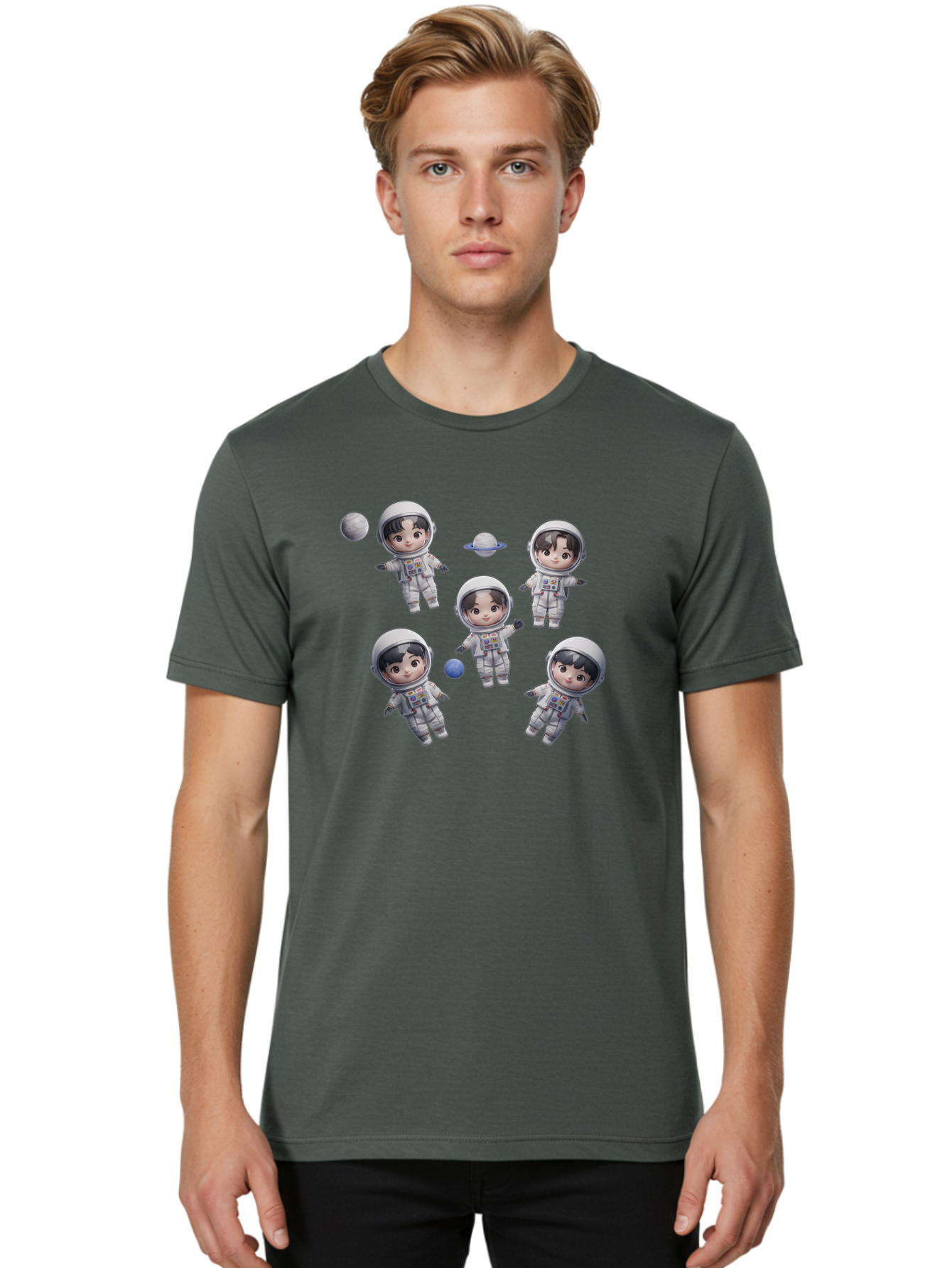 Astronauts-And-Planets Men'S Graphic Tee, 100% Cotton, Comfortable Casual Summer Wear, Machine Washable, Cartoon Astronauts, Children In Space Suits, Space Exploration, Planetary Bodies, Kawaii Art, Celestial Adventure, Animated Characters, Bab654