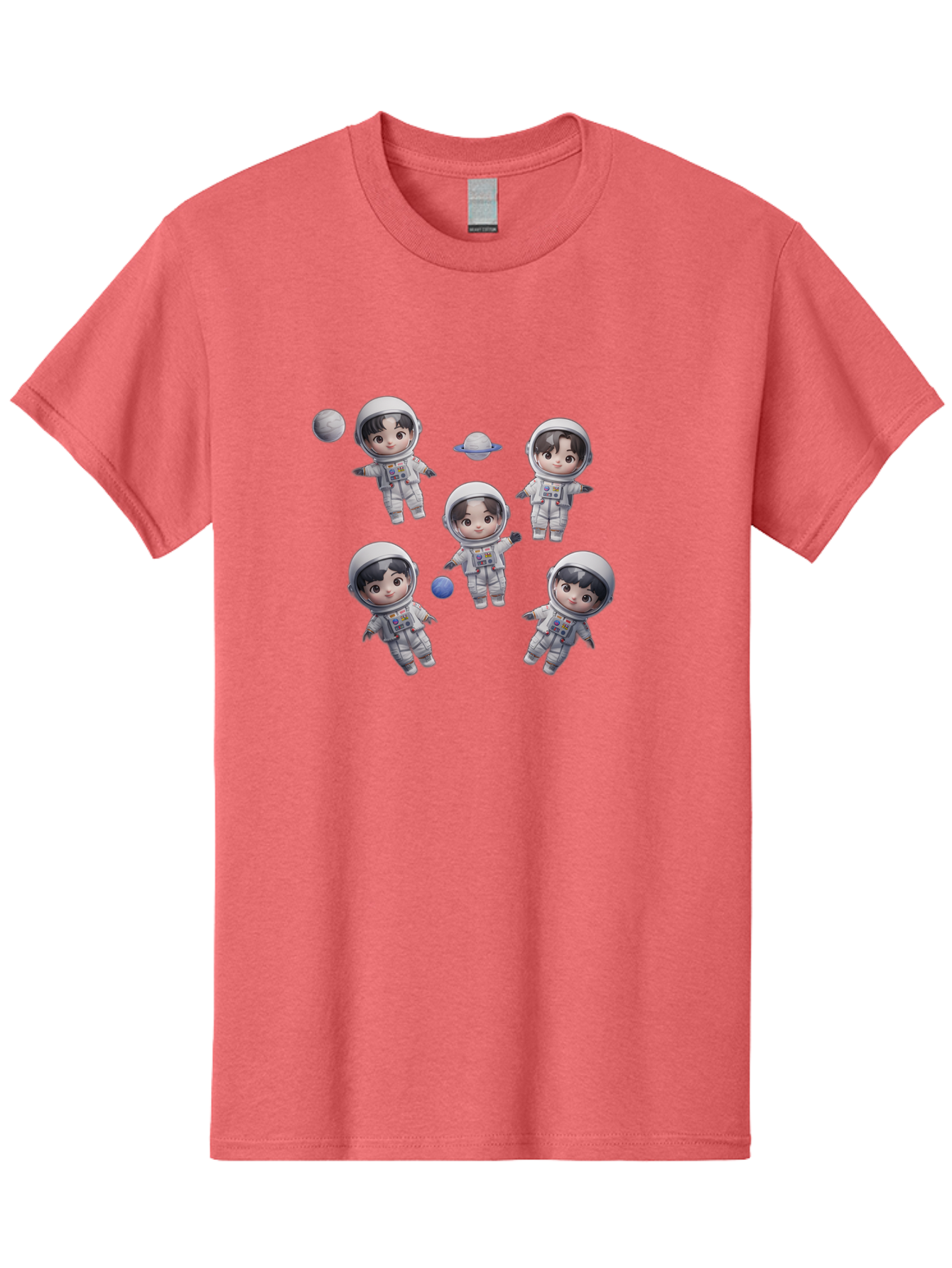 Astronauts-And-Planets Men'S Graphic Tee, 100% Cotton, Comfortable Casual Summer Wear, Machine Washable, Cartoon Astronauts, Children In Space Suits, Space Exploration, Planetary Bodies, Kawaii Art, Celestial Adventure, Animated Characters, Bab654