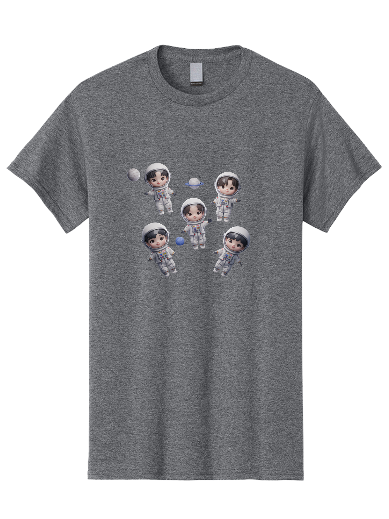Astronauts-And-Planets Men'S Graphic Tee, 100% Cotton, Comfortable Casual Summer Wear, Machine Washable, Cartoon Astronauts, Children In Space Suits, Space Exploration, Planetary Bodies, Kawaii Art, Celestial Adventure, Animated Characters, Bab654
