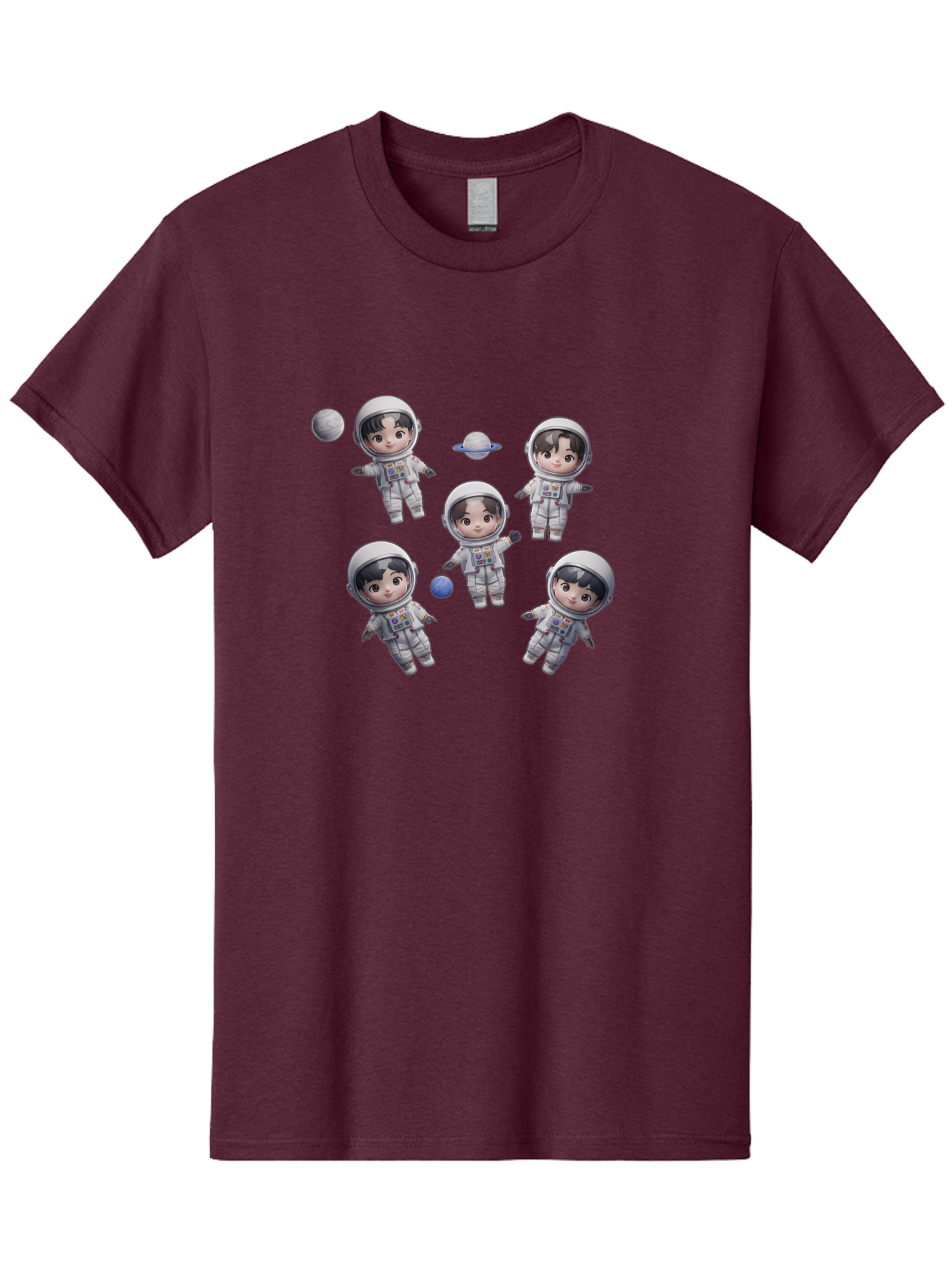 Astronauts-And-Planets Men'S Graphic Tee, 100% Cotton, Comfortable Casual Summer Wear, Machine Washable, Cartoon Astronauts, Children In Space Suits, Space Exploration, Planetary Bodies, Kawaii Art, Celestial Adventure, Animated Characters, Bab654