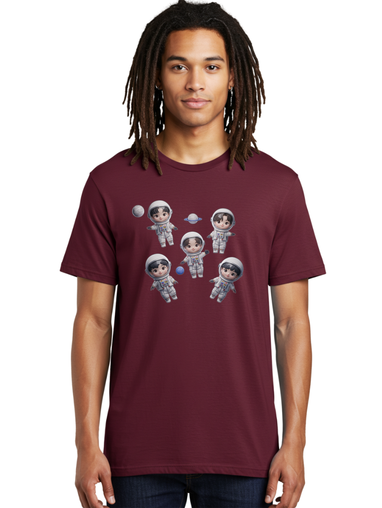 Astronauts-And-Planets Men'S Graphic Tee, 100% Cotton, Comfortable Casual Summer Wear, Machine Washable, Cartoon Astronauts, Children In Space Suits, Space Exploration, Planetary Bodies, Kawaii Art, Celestial Adventure, Animated Characters, Bab654