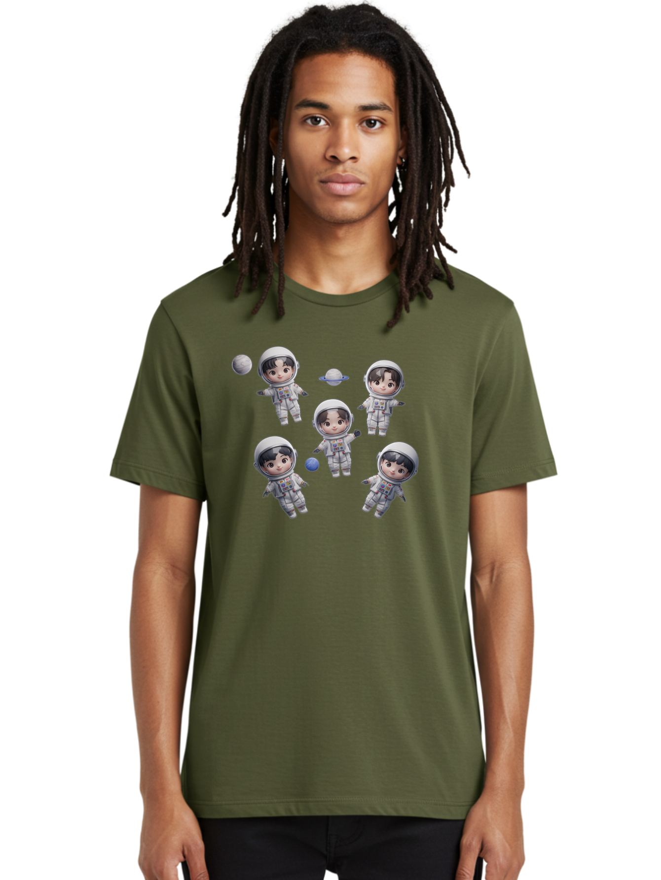 Astronauts-And-Planets Men'S Graphic Tee, 100% Cotton, Comfortable Casual Summer Wear, Machine Washable, Cartoon Astronauts, Children In Space Suits, Space Exploration, Planetary Bodies, Kawaii Art, Celestial Adventure, Animated Characters, Bab654
