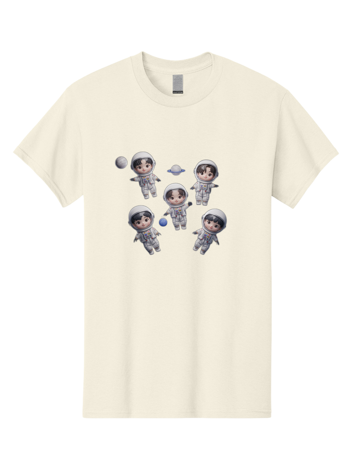 Astronauts-And-Planets Men'S Graphic Tee, 100% Cotton, Comfortable Casual Summer Wear, Machine Washable, Cartoon Astronauts, Children In Space Suits, Space Exploration, Planetary Bodies, Kawaii Art, Celestial Adventure, Animated Characters, Bab654