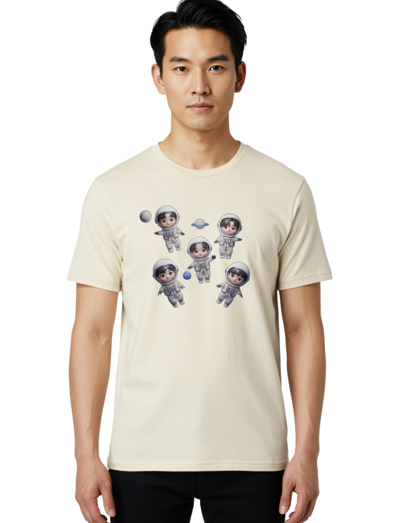 Astronauts-And-Planets Men'S Graphic Tee, 100% Cotton, Comfortable Casual Summer Wear, Machine Washable, Cartoon Astronauts, Children In Space Suits, Space Exploration, Planetary Bodies, Kawaii Art, Celestial Adventure, Animated Characters, Bab654