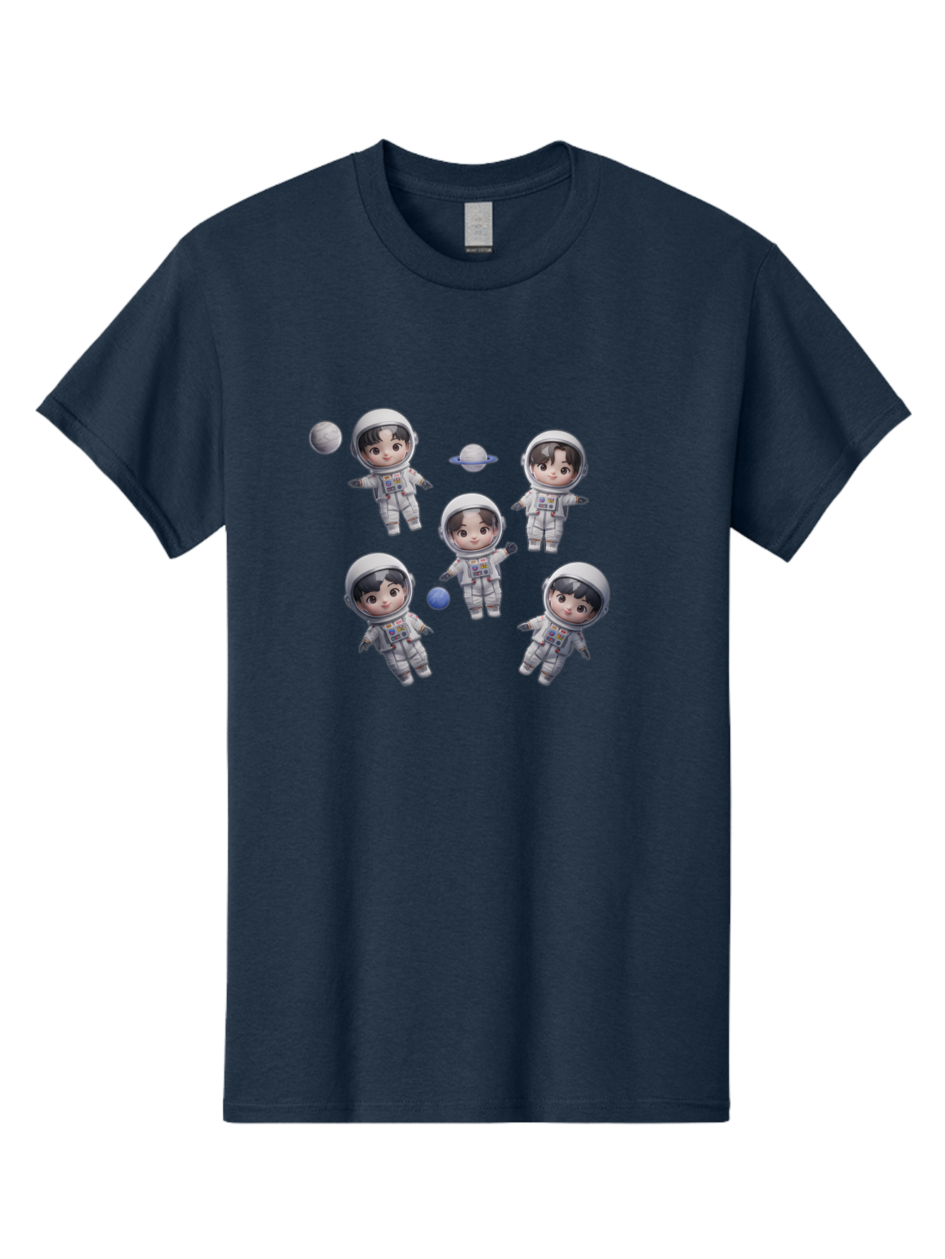 Astronauts-And-Planets Men'S Graphic Tee, 100% Cotton, Comfortable Casual Summer Wear, Machine Washable, Cartoon Astronauts, Children In Space Suits, Space Exploration, Planetary Bodies, Kawaii Art, Celestial Adventure, Animated Characters, Bab654