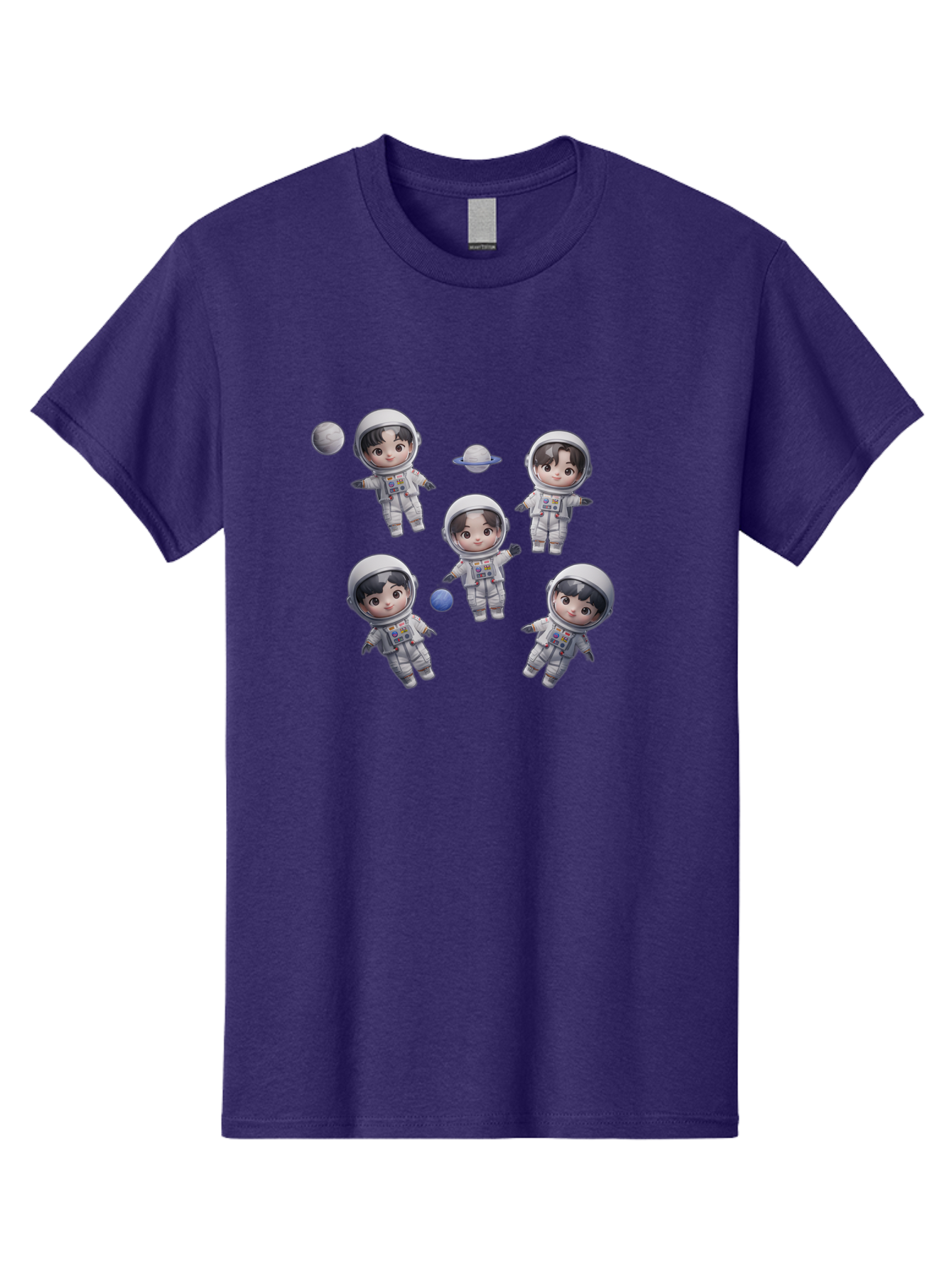 Astronauts-And-Planets Men'S Graphic Tee, 100% Cotton, Comfortable Casual Summer Wear, Machine Washable, Cartoon Astronauts, Children In Space Suits, Space Exploration, Planetary Bodies, Kawaii Art, Celestial Adventure, Animated Characters, Bab654