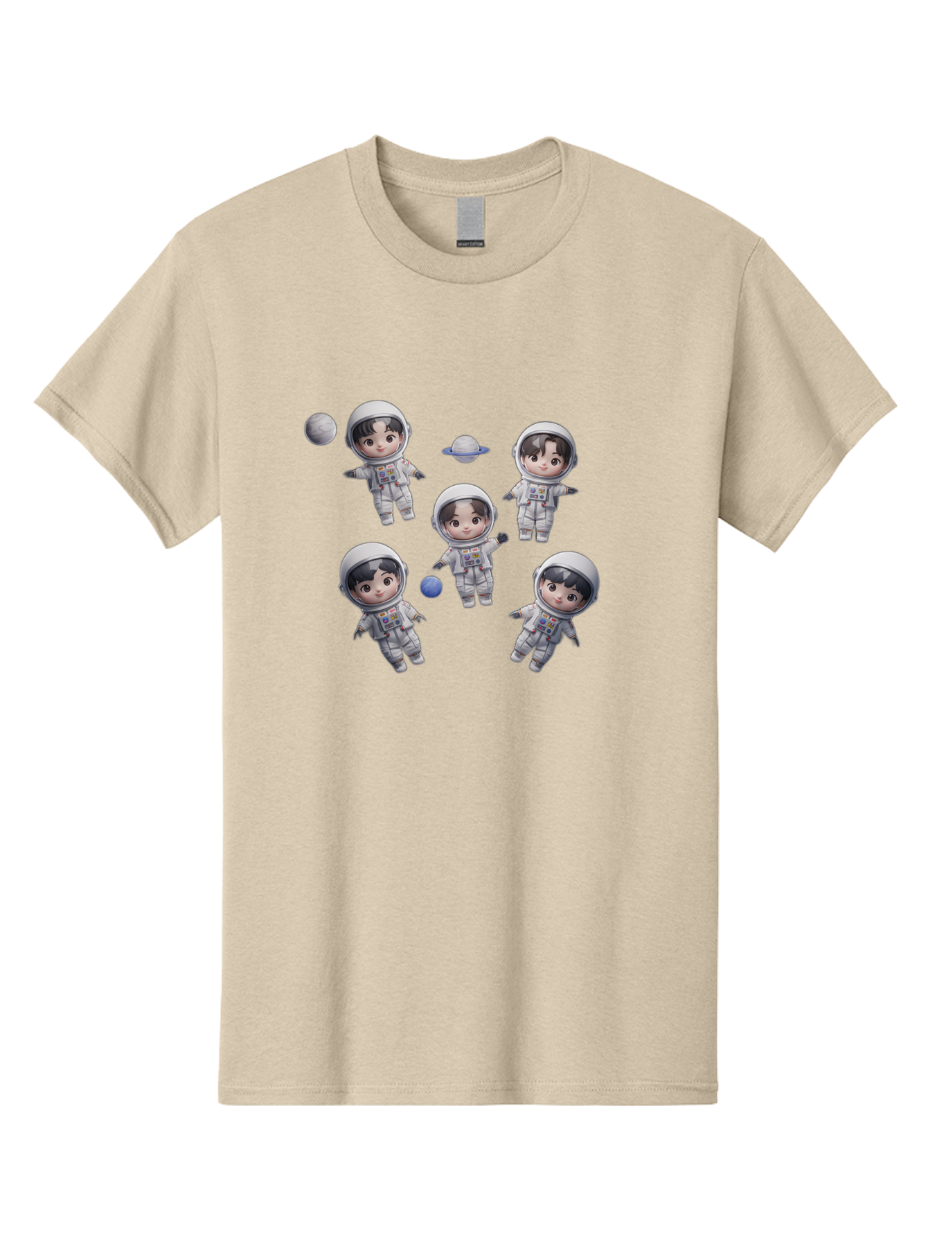Astronauts-And-Planets Men'S Graphic Tee, 100% Cotton, Comfortable Casual Summer Wear, Machine Washable, Cartoon Astronauts, Children In Space Suits, Space Exploration, Planetary Bodies, Kawaii Art, Celestial Adventure, Animated Characters, Bab654