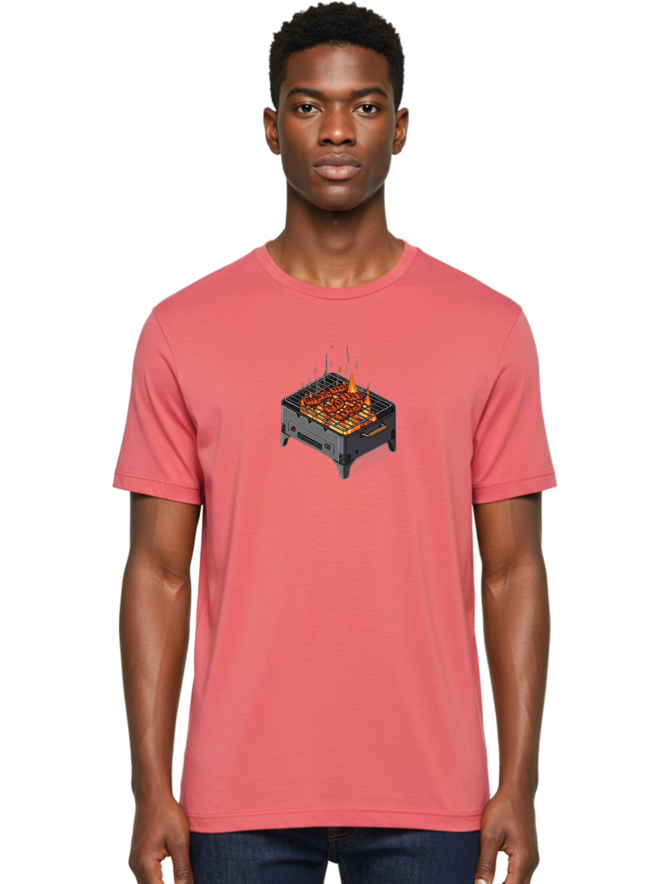 Barbecue-Grill-1 Men'S Graphic Tee, 100% Cotton, Comfortable Casual Summer Wear, Machine Washable, Barbecue Grill, Grilled Meat, Skewers, Flames, Outdoor Cooking, Delicious Food, Savory Dishes, Appetizing Meal, Grilled Vegetables, Bab655