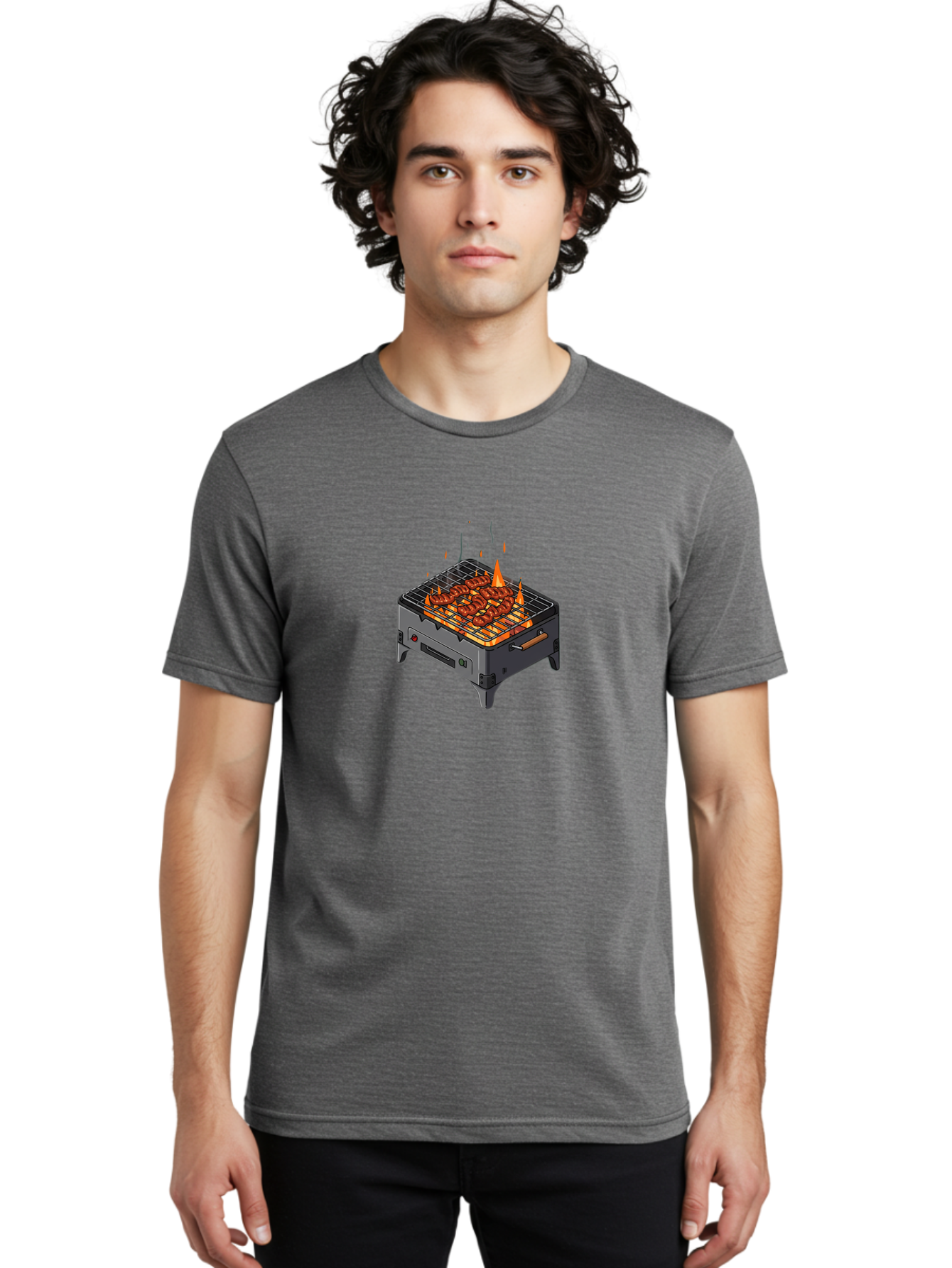 Barbecue-Grill-1 Men'S Graphic Tee, 100% Cotton, Comfortable Casual Summer Wear, Machine Washable, Barbecue Grill, Grilled Meat, Skewers, Flames, Outdoor Cooking, Delicious Food, Savory Dishes, Appetizing Meal, Grilled Vegetables, Bab655