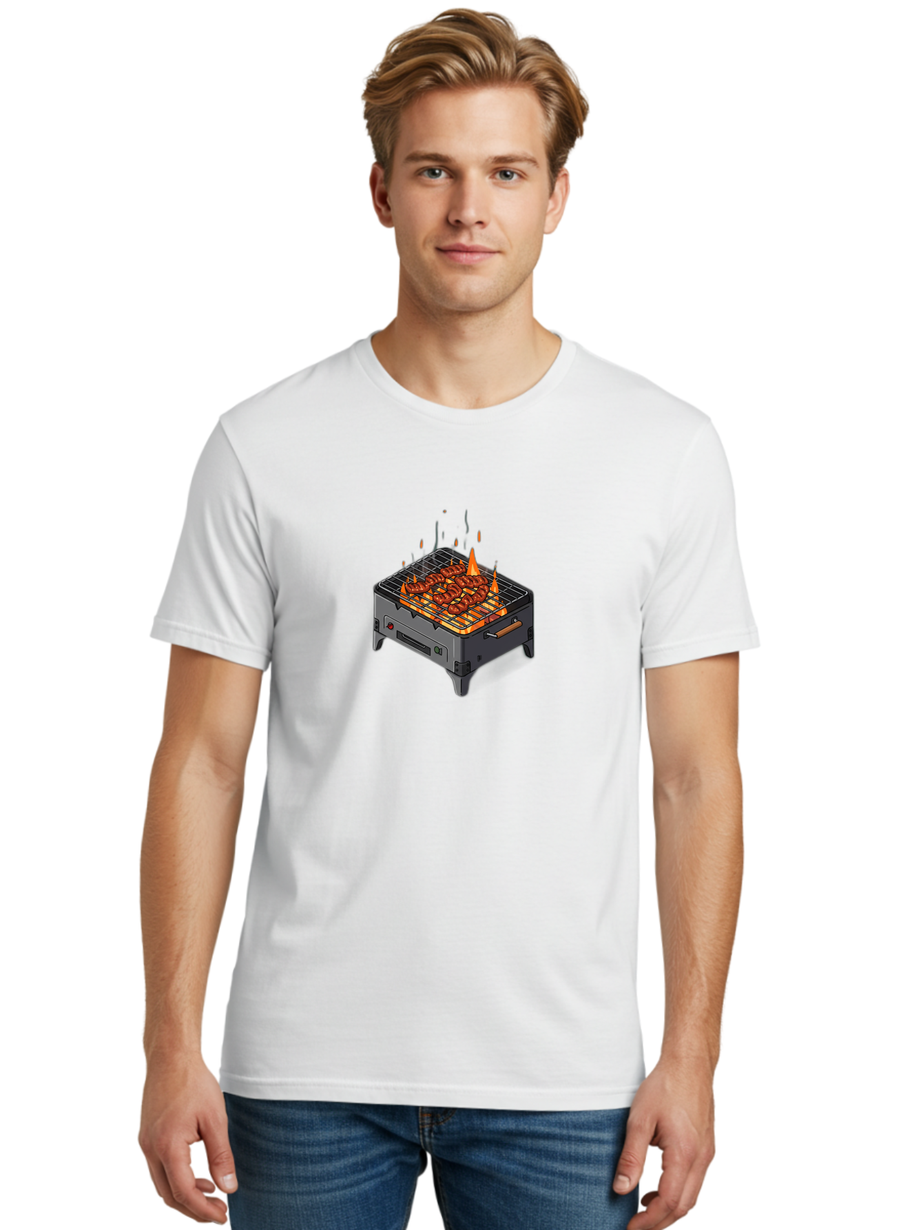 Barbecue-Grill-1 Men'S Graphic Tee, 100% Cotton, Comfortable Casual Summer Wear, Machine Washable, Barbecue Grill, Grilled Meat, Skewers, Flames, Outdoor Cooking, Delicious Food, Savory Dishes, Appetizing Meal, Grilled Vegetables, Bab655