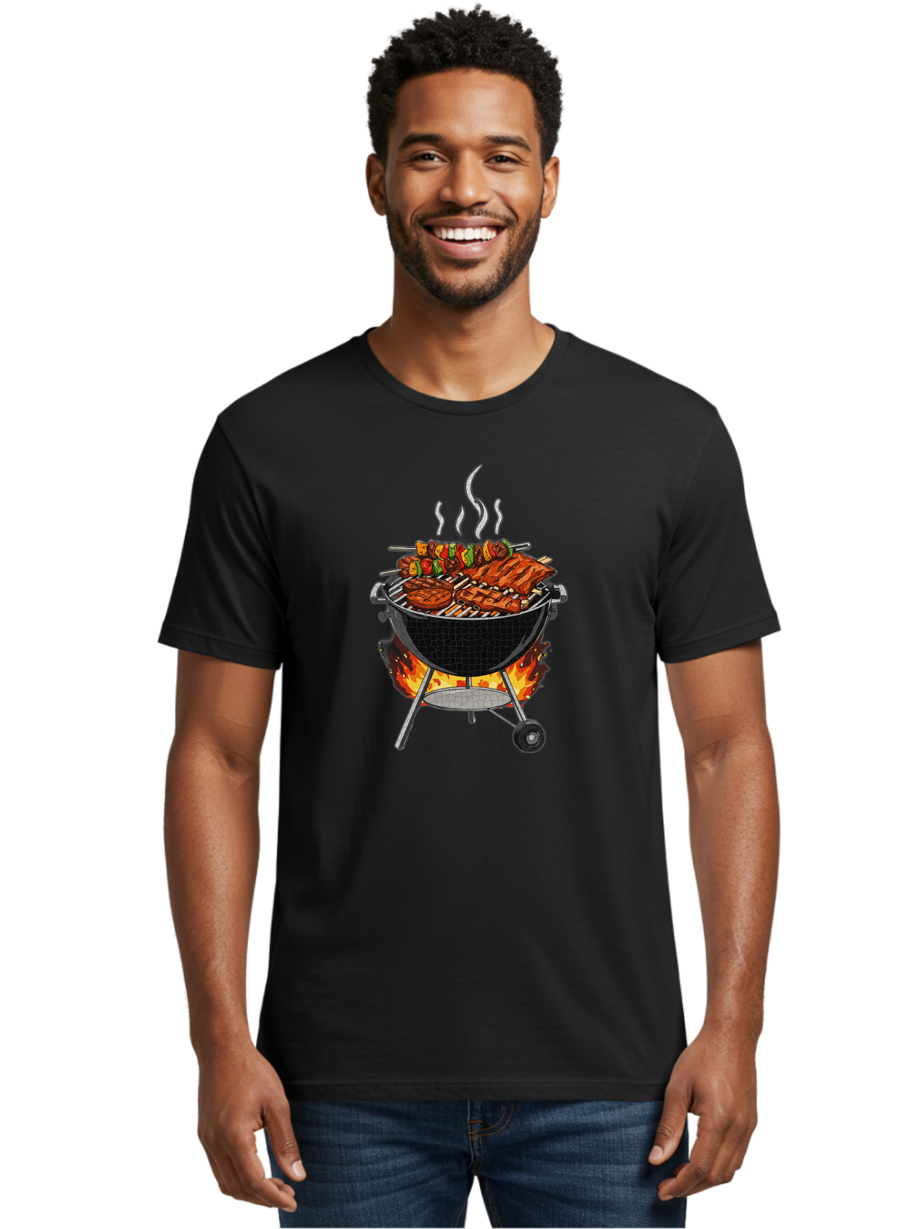 Barbecue-Grill-2 Men'S Graphic Tee, 100% Cotton, Comfortable Casual Summer Wear, Machine Washable, Barbecue Grill, Grilled Ribs, Kebabs, Skewers, Vegetables, Meat, Outdoor Cooking, Summer Food, Grill Marks, Smoky Flavor, Foodie, Backyard Bbq Bab656