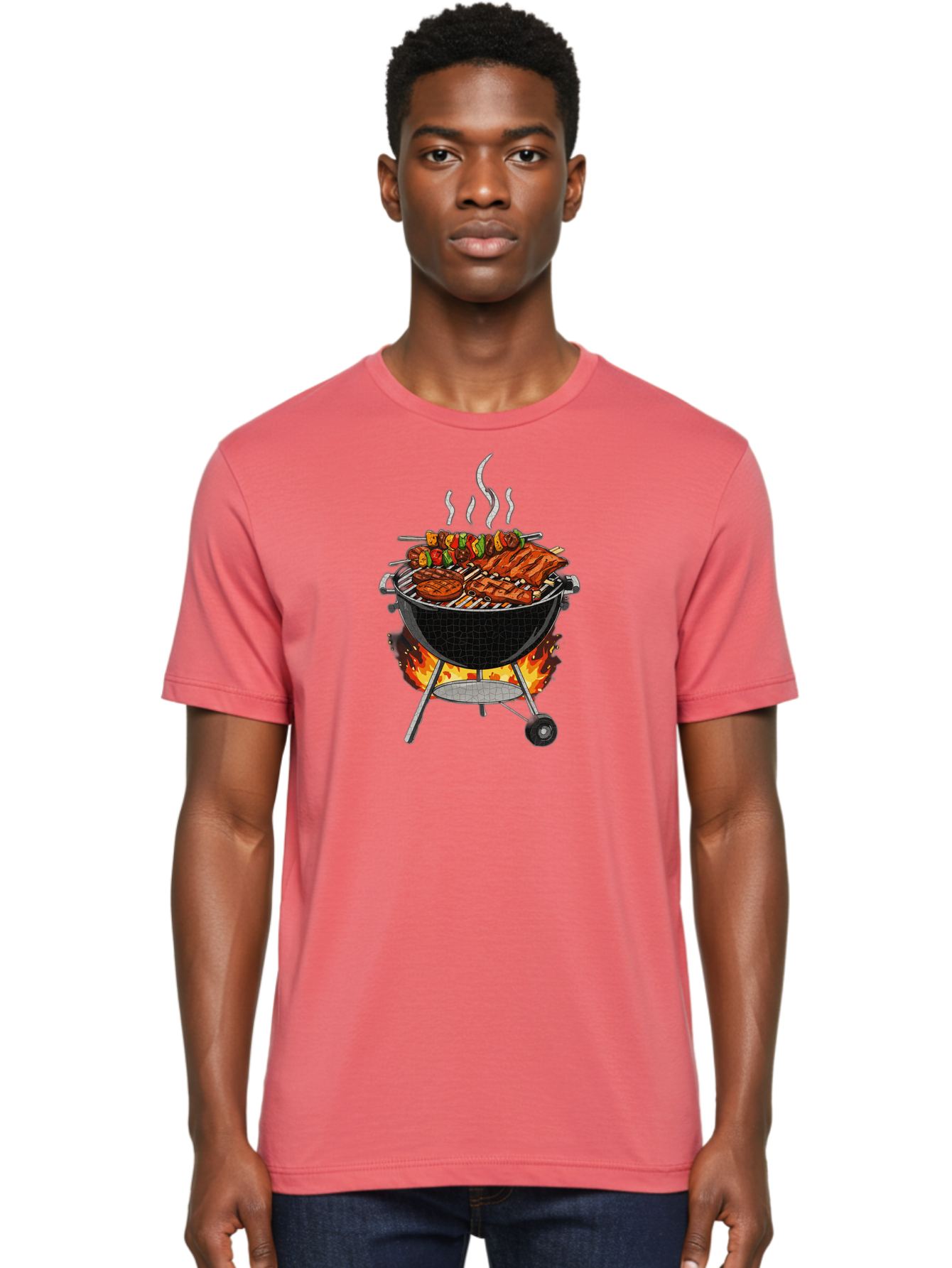 Barbecue-Grill-2 Men'S Graphic Tee, 100% Cotton, Comfortable Casual Summer Wear, Machine Washable, Barbecue Grill, Grilled Ribs, Kebabs, Skewers, Vegetables, Meat, Outdoor Cooking, Summer Food, Grill Marks, Smoky Flavor, Foodie, Backyard Bbq Bab656