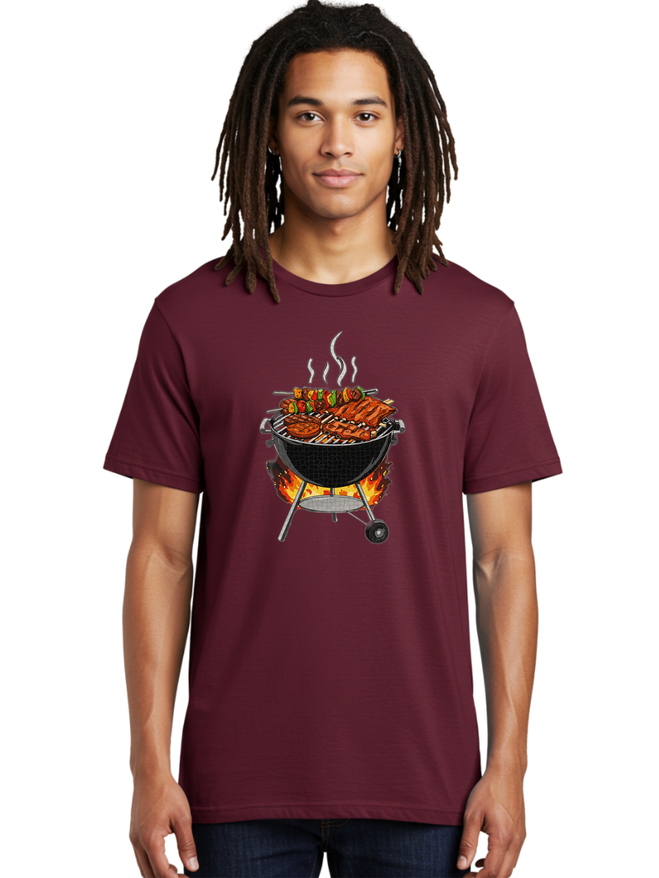 Barbecue-Grill-2 Men'S Graphic Tee, 100% Cotton, Comfortable Casual Summer Wear, Machine Washable, Barbecue Grill, Grilled Ribs, Kebabs, Skewers, Vegetables, Meat, Outdoor Cooking, Summer Food, Grill Marks, Smoky Flavor, Foodie, Backyard Bbq Bab656