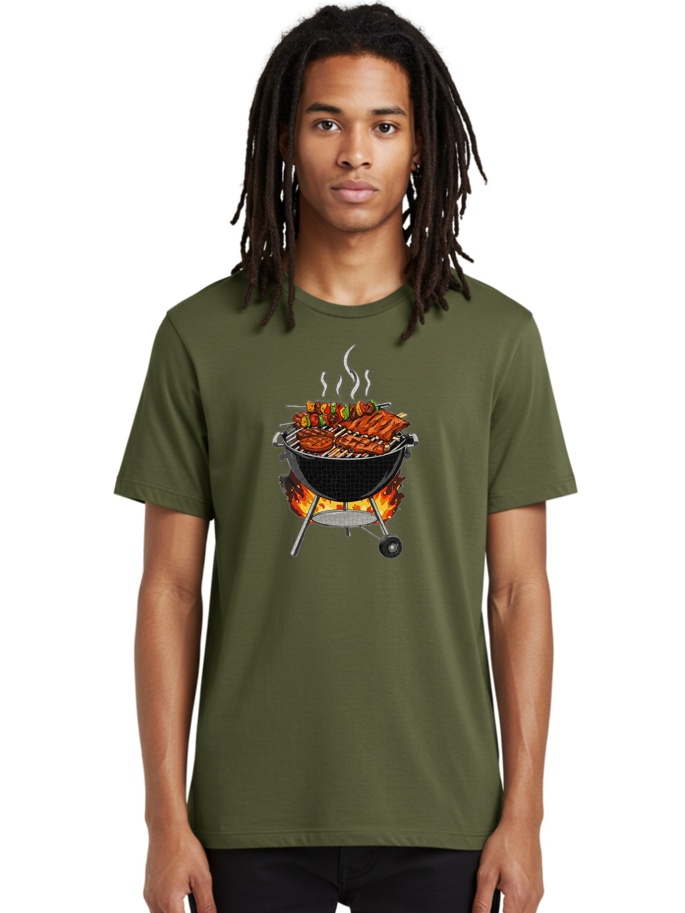 Barbecue-Grill-2 Men'S Graphic Tee, 100% Cotton, Comfortable Casual Summer Wear, Machine Washable, Barbecue Grill, Grilled Ribs, Kebabs, Skewers, Vegetables, Meat, Outdoor Cooking, Summer Food, Grill Marks, Smoky Flavor, Foodie, Backyard Bbq Bab656