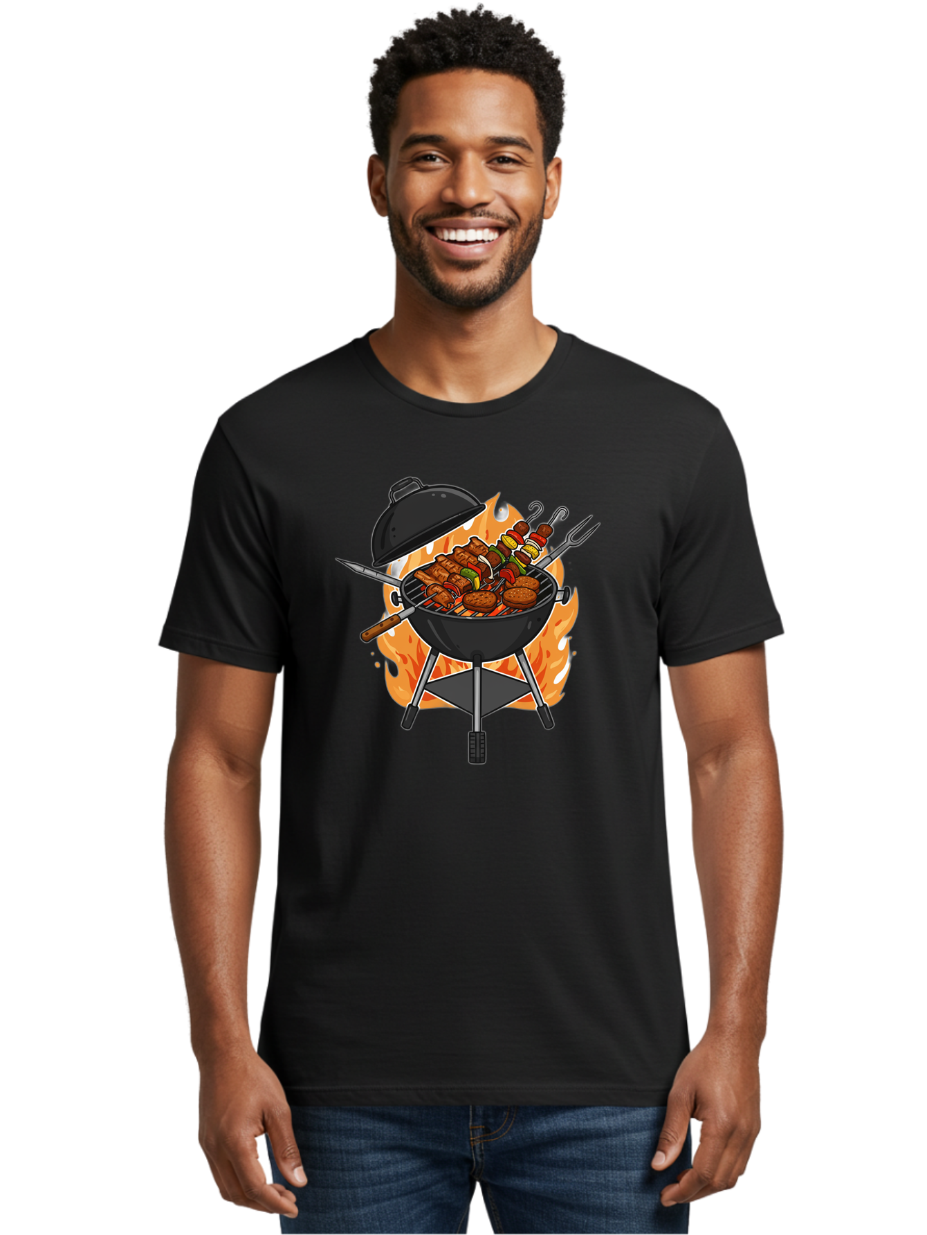 Barbecue-Grill-3 Men'S Graphic Tee, 100% Cotton, Comfortable Casual Summer Wear, Machine Washable, Barbecue Grill, Grilled Food, Skewers, Burgers, Sausages, Outdoor Cooking, Barbecue Party, Summer Fun, Delicious Food, Fire, Culinary Delights Bab657