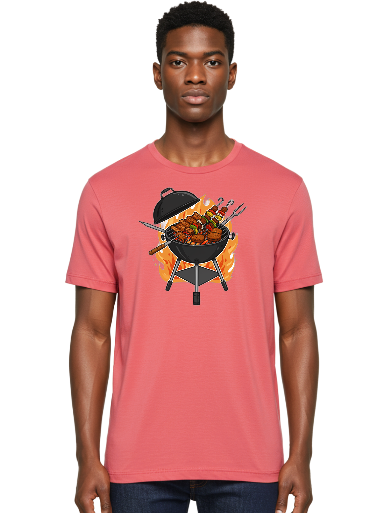 Barbecue-Grill-3 Men'S Graphic Tee, 100% Cotton, Comfortable Casual Summer Wear, Machine Washable, Barbecue Grill, Grilled Food, Skewers, Burgers, Sausages, Outdoor Cooking, Barbecue Party, Summer Fun, Delicious Food, Fire, Culinary Delights Bab657