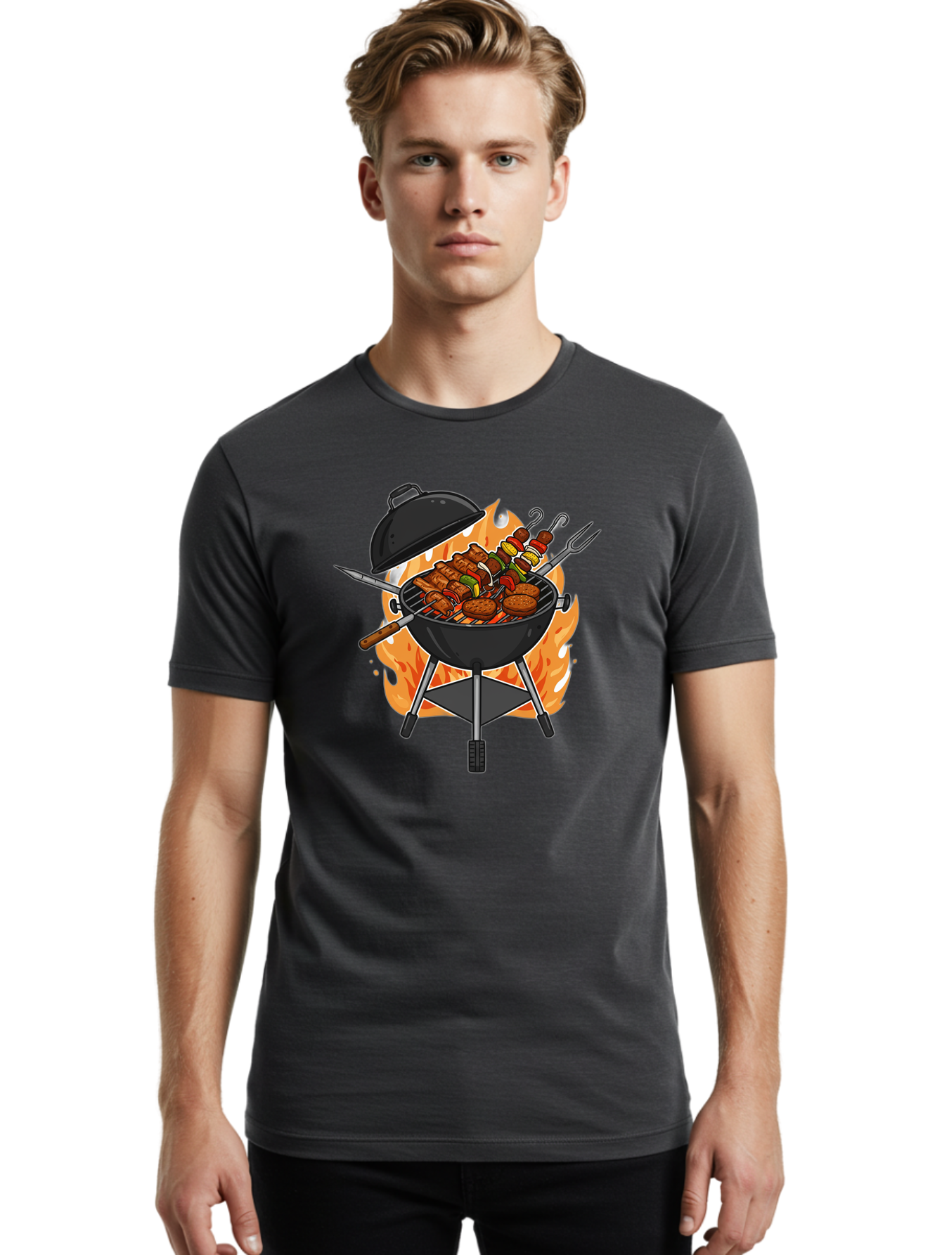 Barbecue-Grill-3 Men'S Graphic Tee, 100% Cotton, Comfortable Casual Summer Wear, Machine Washable, Barbecue Grill, Grilled Food, Skewers, Burgers, Sausages, Outdoor Cooking, Barbecue Party, Summer Fun, Delicious Food, Fire, Culinary Delights Bab657