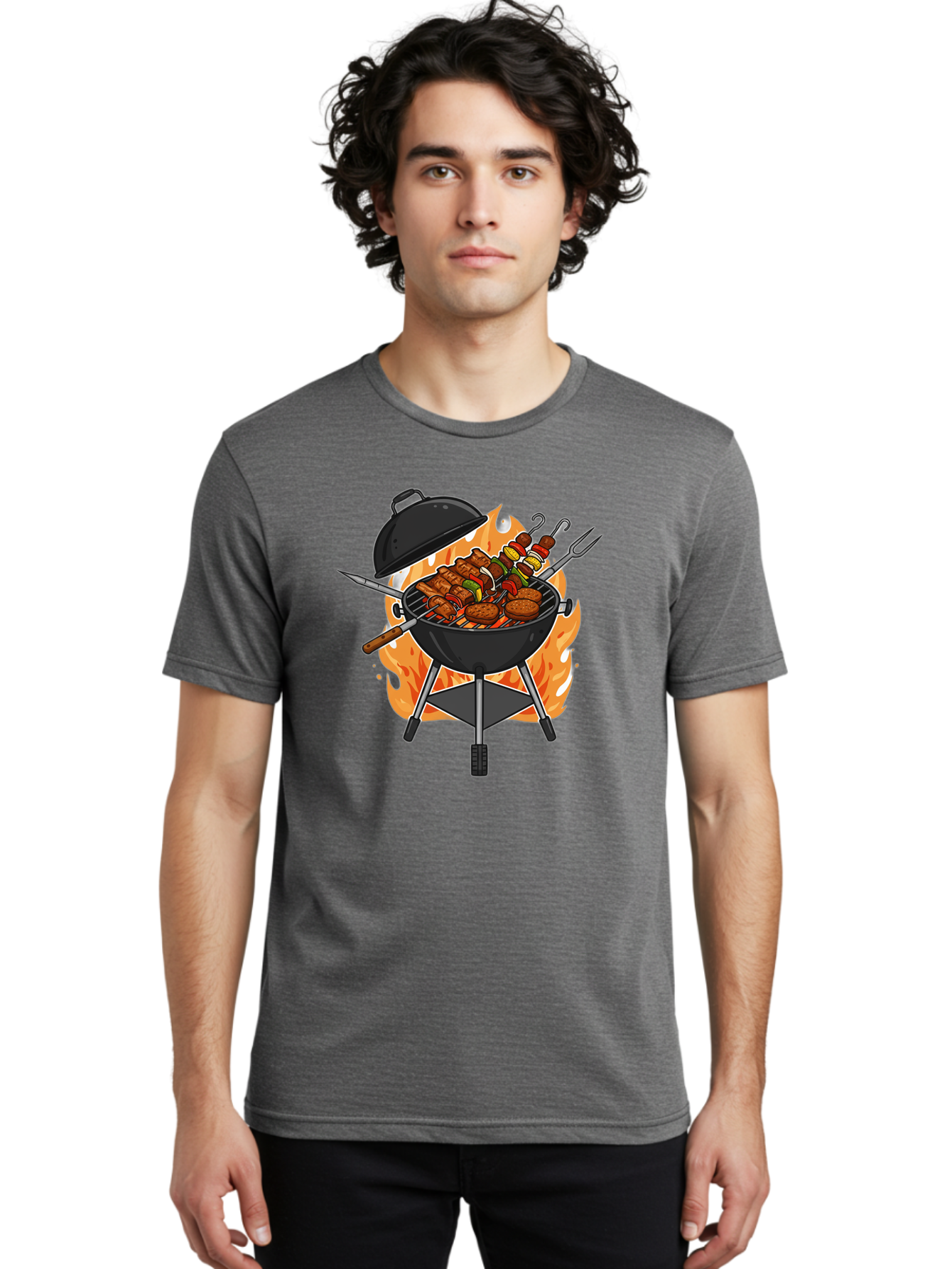 Barbecue-Grill-3 Men'S Graphic Tee, 100% Cotton, Comfortable Casual Summer Wear, Machine Washable, Barbecue Grill, Grilled Food, Skewers, Burgers, Sausages, Outdoor Cooking, Barbecue Party, Summer Fun, Delicious Food, Fire, Culinary Delights Bab657