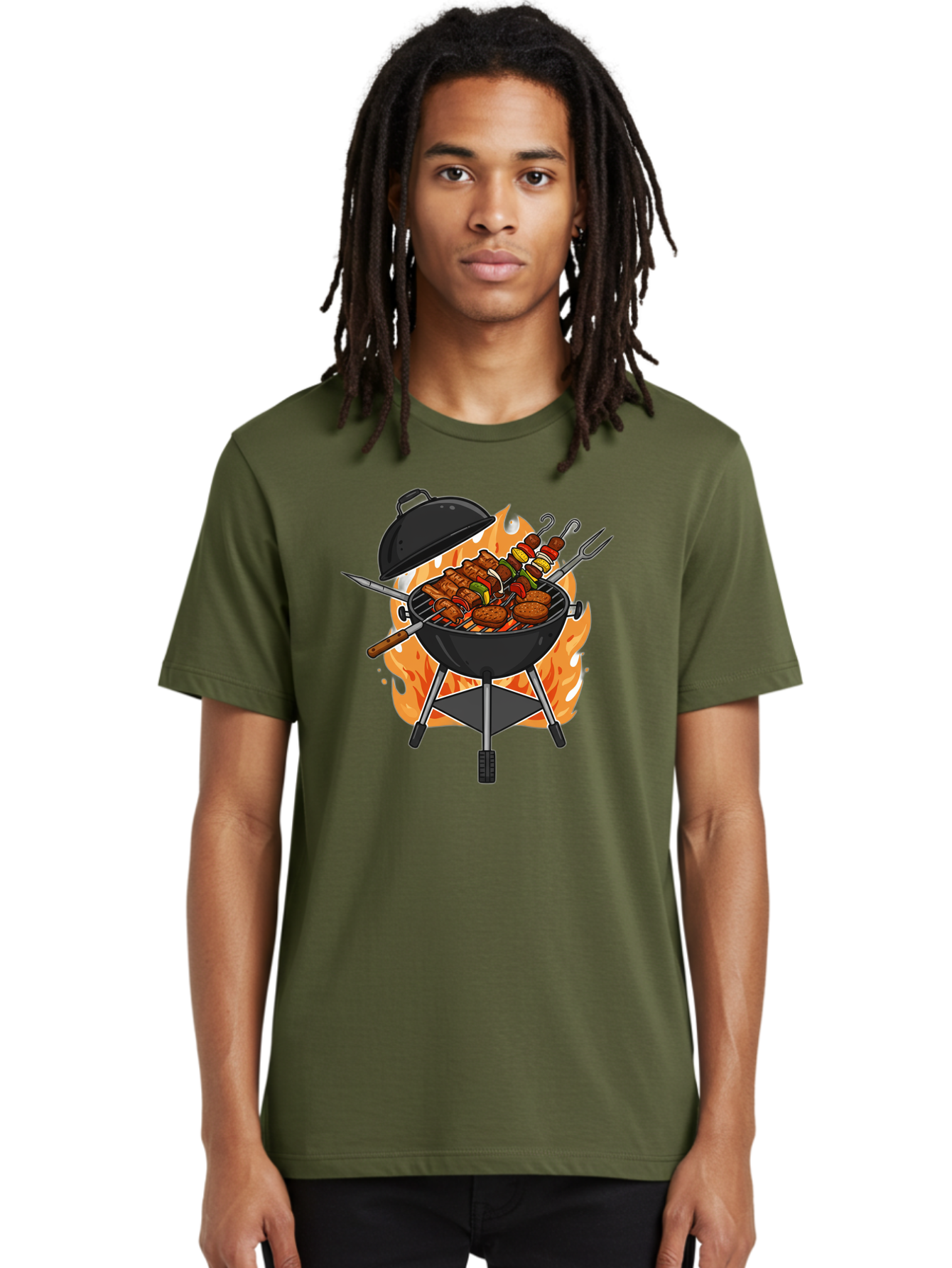 Barbecue-Grill-3 Men'S Graphic Tee, 100% Cotton, Comfortable Casual Summer Wear, Machine Washable, Barbecue Grill, Grilled Food, Skewers, Burgers, Sausages, Outdoor Cooking, Barbecue Party, Summer Fun, Delicious Food, Fire, Culinary Delights Bab657