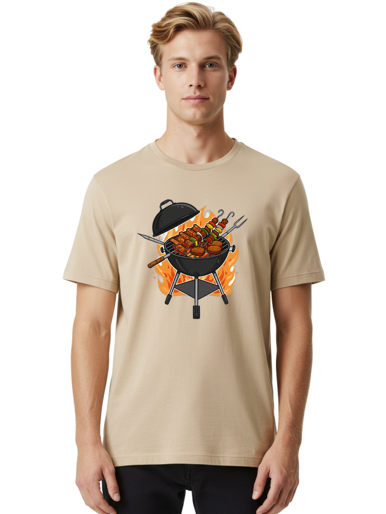 Barbecue-Grill-3 Men'S Graphic Tee, 100% Cotton, Comfortable Casual Summer Wear, Machine Washable, Barbecue Grill, Grilled Food, Skewers, Burgers, Sausages, Outdoor Cooking, Barbecue Party, Summer Fun, Delicious Food, Fire, Culinary Delights Bab657