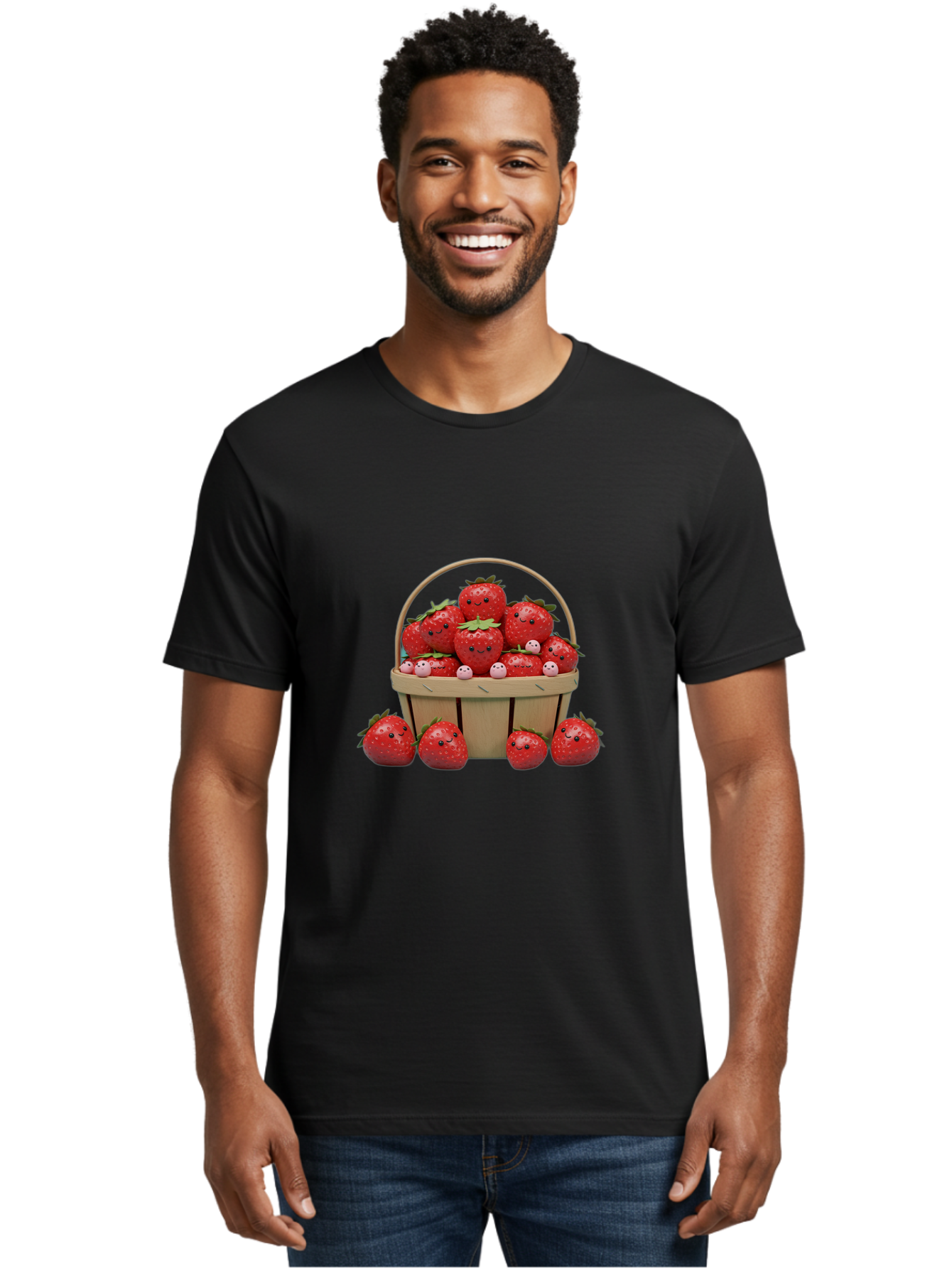 Basket-Of-Strawberries Men'S Graphic Tee, 100% Cotton, Comfortable Casual Summer Wear, Machine Washable, Strawberries With Smiley Faces, Basket Full Of Strawberries, Cartoon Strawberries, Adorable Fruit, Smiling Strawberries, Healthy Snack, Bab664