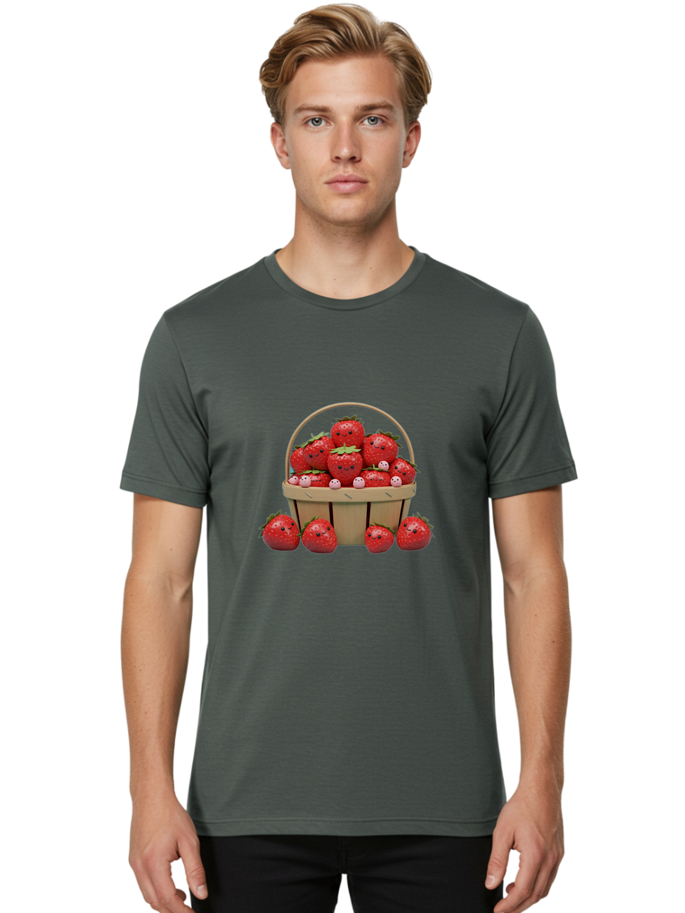 Basket-Of-Strawberries Men'S Graphic Tee, 100% Cotton, Comfortable Casual Summer Wear, Machine Washable, Strawberries With Smiley Faces, Basket Full Of Strawberries, Cartoon Strawberries, Adorable Fruit, Smiling Strawberries, Healthy Snack, Bab664