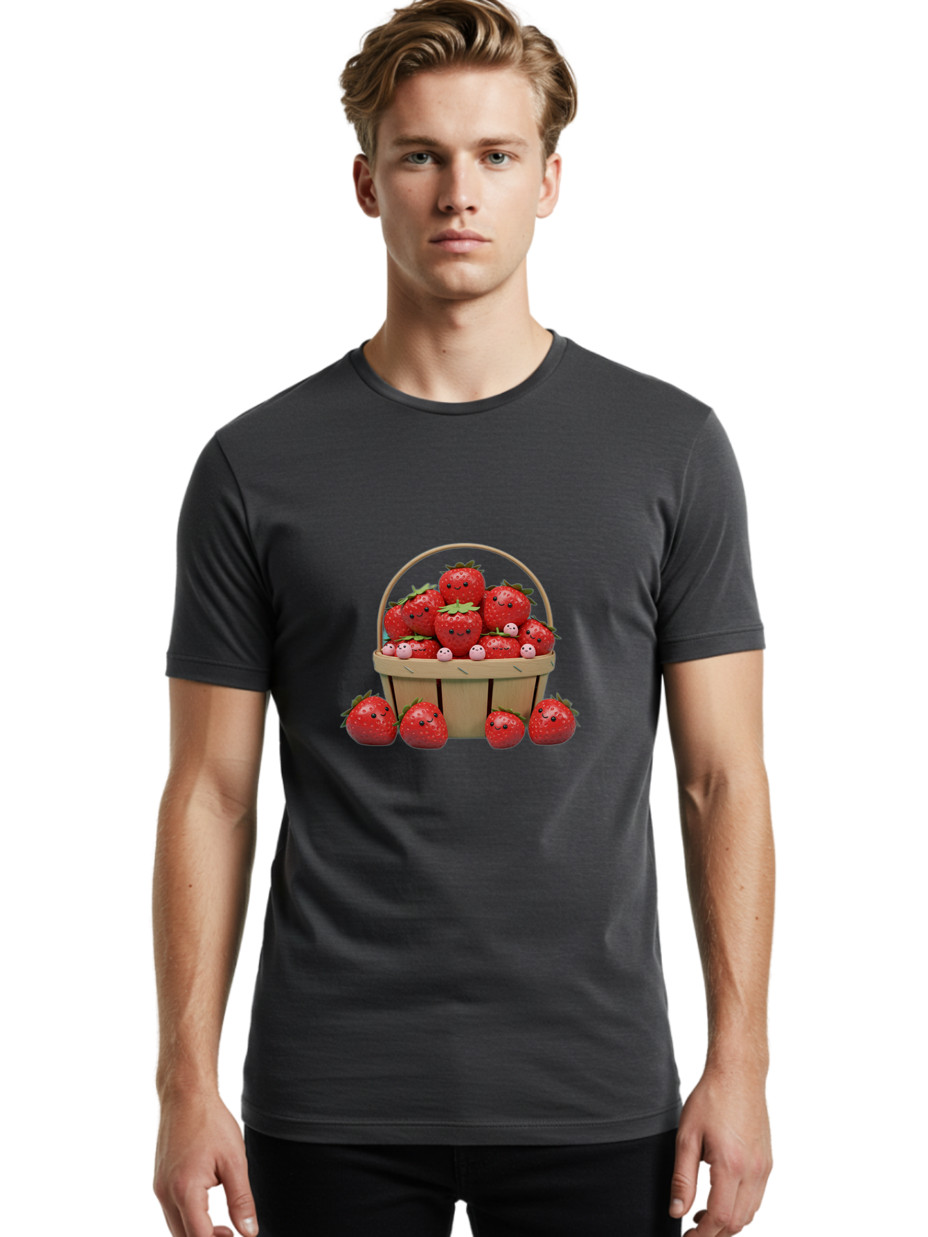 Basket-Of-Strawberries Men'S Graphic Tee, 100% Cotton, Comfortable Casual Summer Wear, Machine Washable, Strawberries With Smiley Faces, Basket Full Of Strawberries, Cartoon Strawberries, Adorable Fruit, Smiling Strawberries, Healthy Snack, Bab664