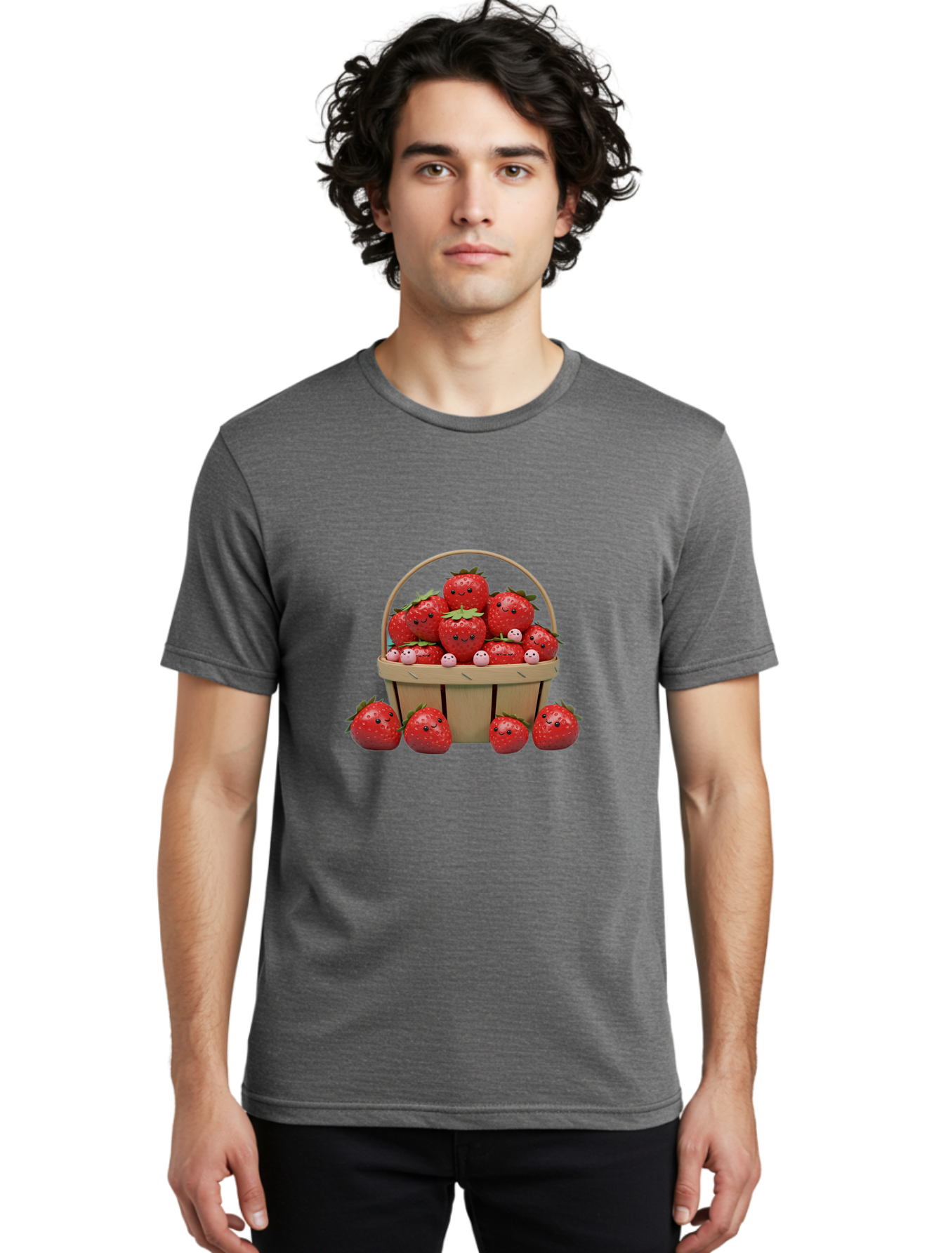 Basket-Of-Strawberries Men'S Graphic Tee, 100% Cotton, Comfortable Casual Summer Wear, Machine Washable, Strawberries With Smiley Faces, Basket Full Of Strawberries, Cartoon Strawberries, Adorable Fruit, Smiling Strawberries, Healthy Snack, Bab664
